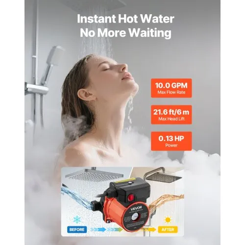 G&W 150W 110V Recirculating Hot Water Booster Pump – Cast Iron, 35ft Head, 7GPM, With 3/4" To 1/2" Adapters, 3-Position Switch For Auto/Manual Control