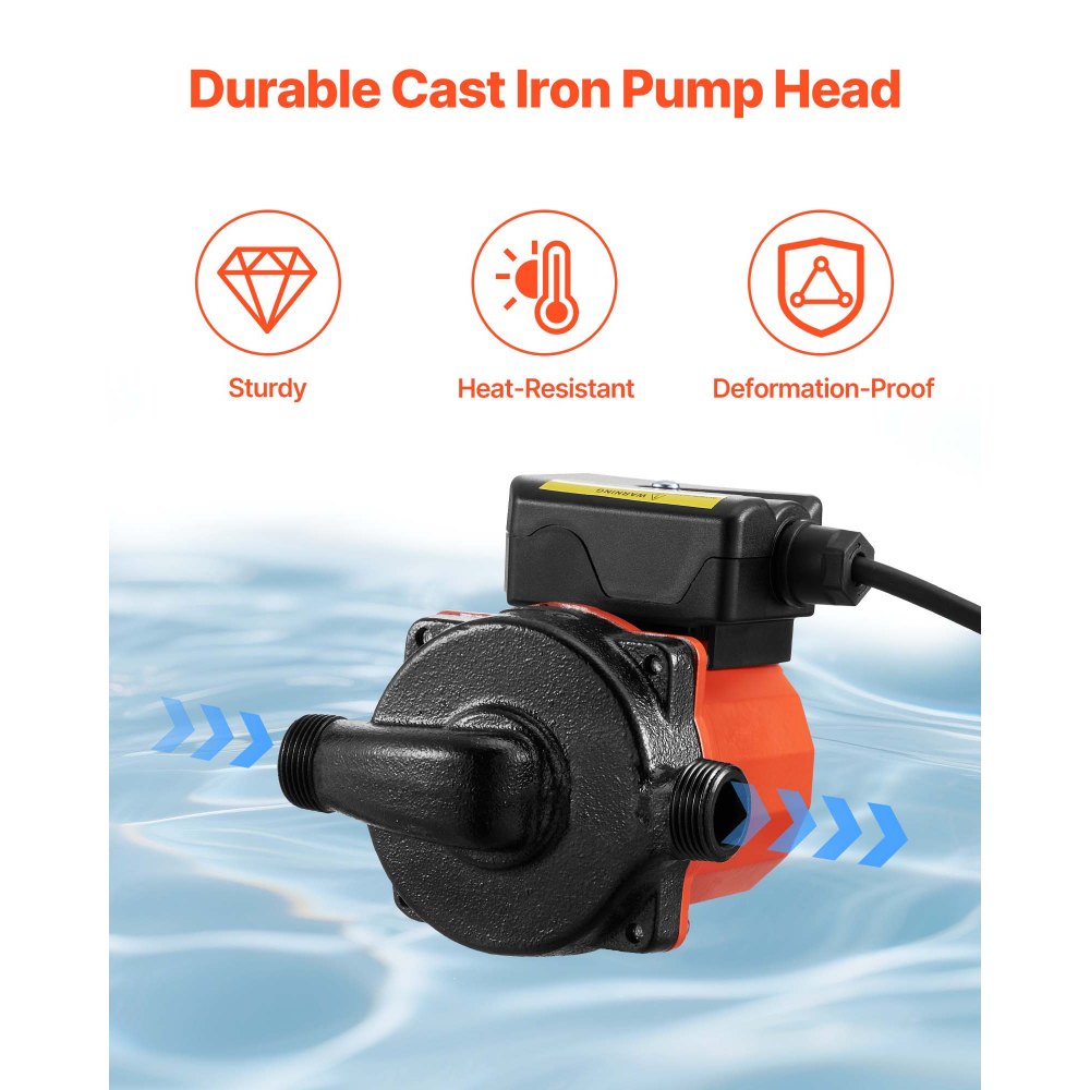 VEVOR Hot Water Recirculating Pump, 38 LPM, Instant Circulation Circulator Pump System, 3-Speed Control, 100W, AC 220-240V, G3/4 in to G1/2 in Adapter, Cast Iron Head, for Water Heater System