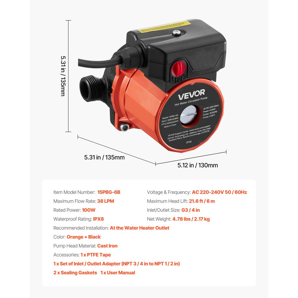 VEVOR Hot Water Recirculating Pump, 38 LPM, Instant Circulation Circulator Pump System, 3-Speed Control, 100W, AC 220-240V, G3/4 in to G1/2 in Adapter, Cast Iron Head, for Water Heater System