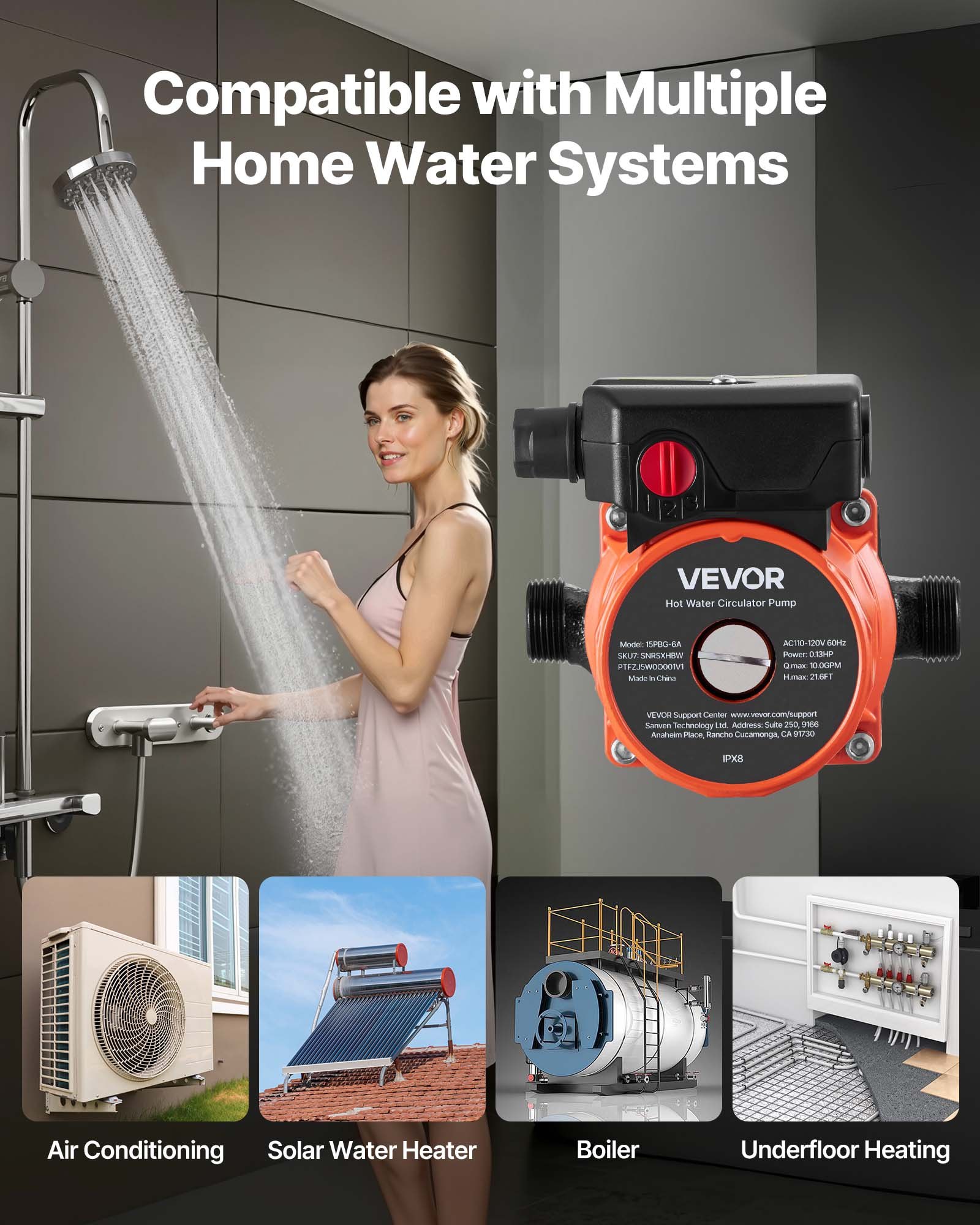 VEVOR Hot Water Recirculating Pump, 38 LPM, Instant Circulation Circulator Pump System, 3-Speed Control, 100W, AC 220-240V, G3/4 in to G1/2 in Adapter, Cast Iron Head, for Water Heater System