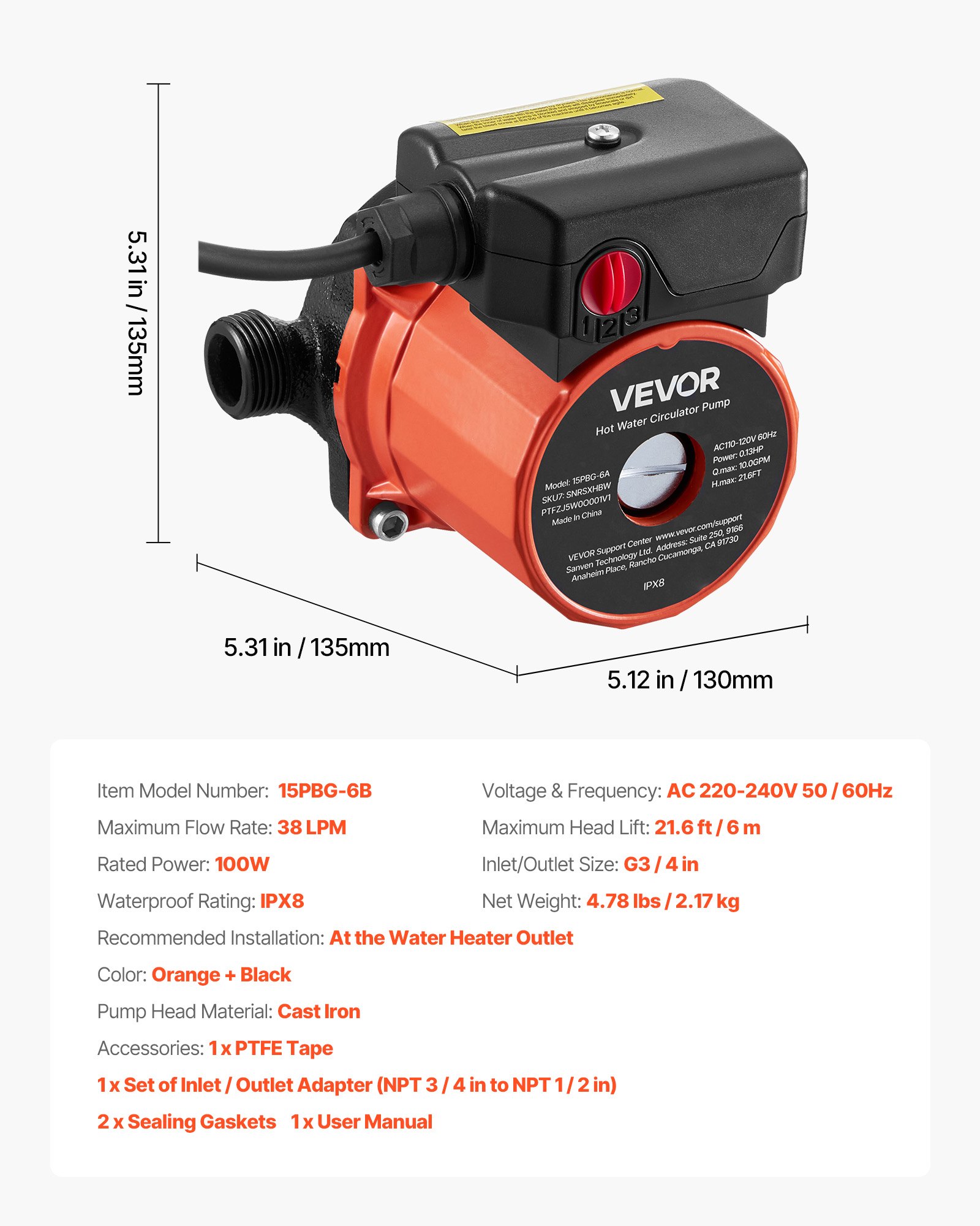 VEVOR Hot Water Recirculating Pump, 38 LPM, Instant Circulation Circulator Pump System, 3-Speed Control, 100W, AC 220-240V, G3/4 in to G1/2 in Adapter, Cast Iron Head, for Water Heater System