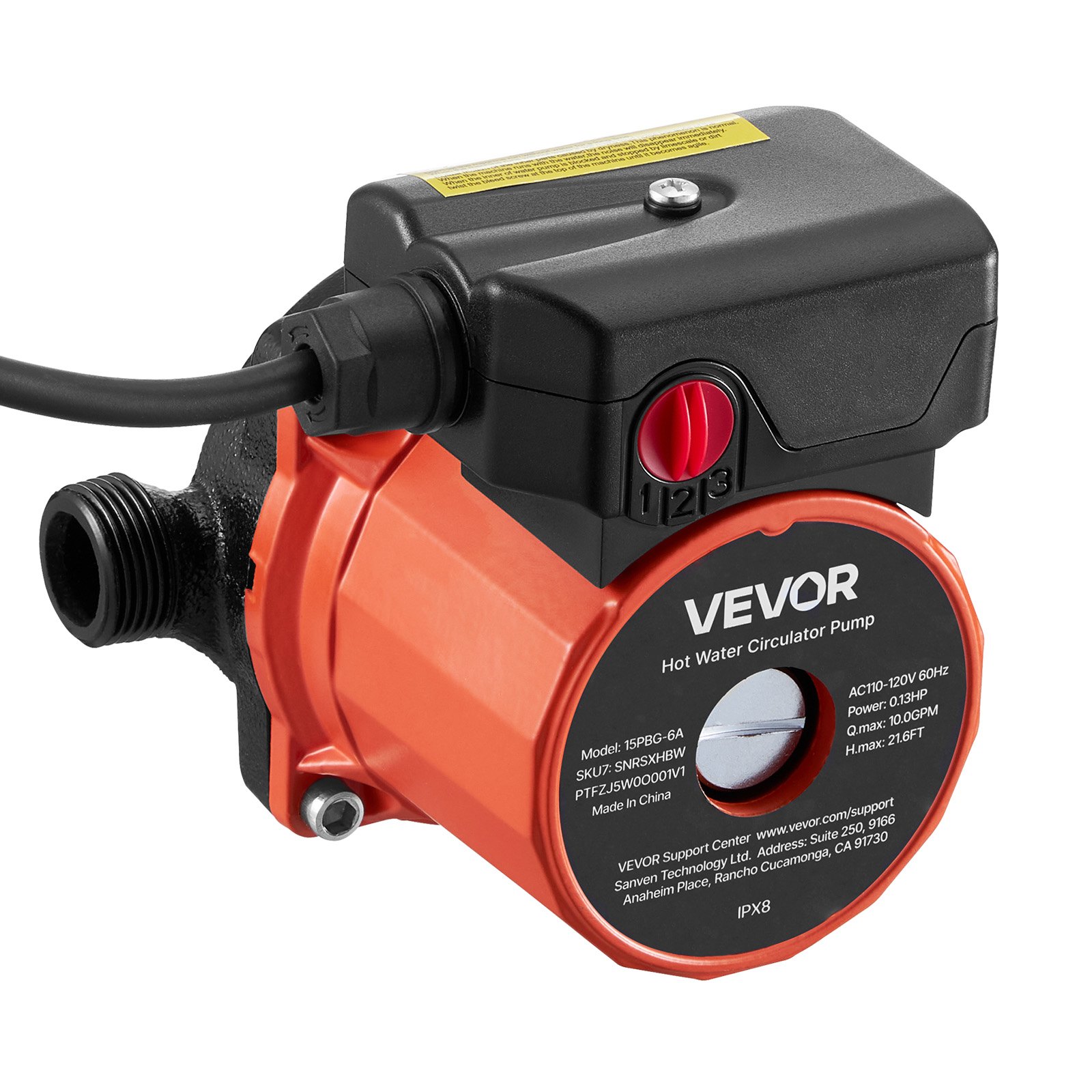 VEVOR Hot Water Recirculating Pump, 38 LPM, Instant Circulation Circulator Pump System, 3-Speed Control, 100W, AC 220-240V, G3/4 in to G1/2 in Adapter, Cast Iron Head, for Water Heater System