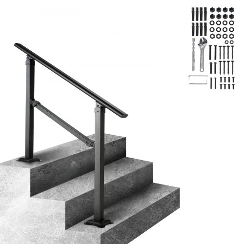 VEVOR Stair Handrail Railing, 3 ft, 3 Steps Handrails for Outdoor, Carbon Steel and Metal Hand Rail with Installation Kit, 0-50 Degree Adjustable, Perfect for Concrete Wooden Floors Ceramic Tiles