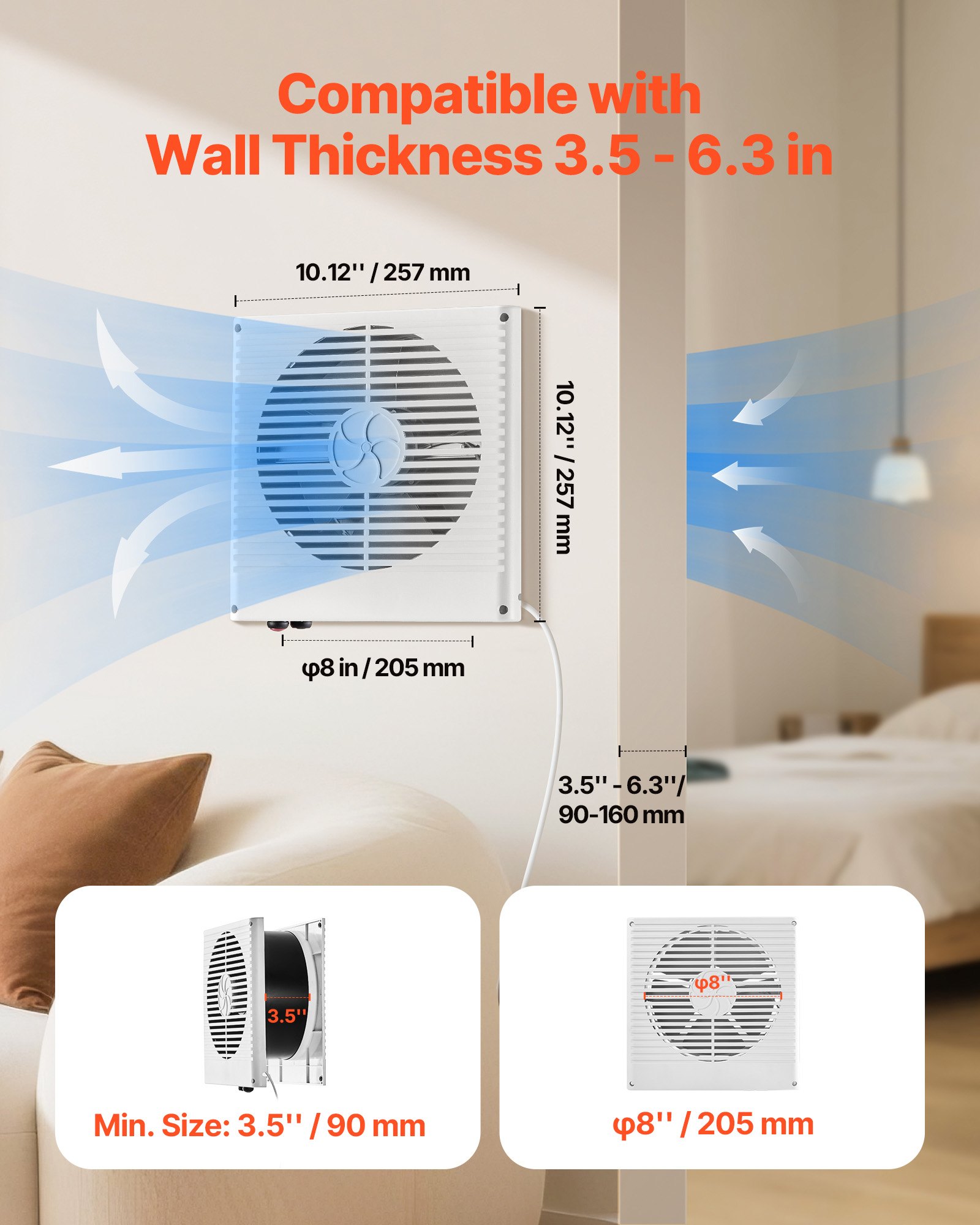 VEVOR 7.5-Inch Room to Room Fan, Through Wall Fan with AC Motor & Bi-directional Adjustable Wind, 180 CFM Ventilation Quiet Exhaust Vent for Kitchen, Living & Laundry Room, Workshop