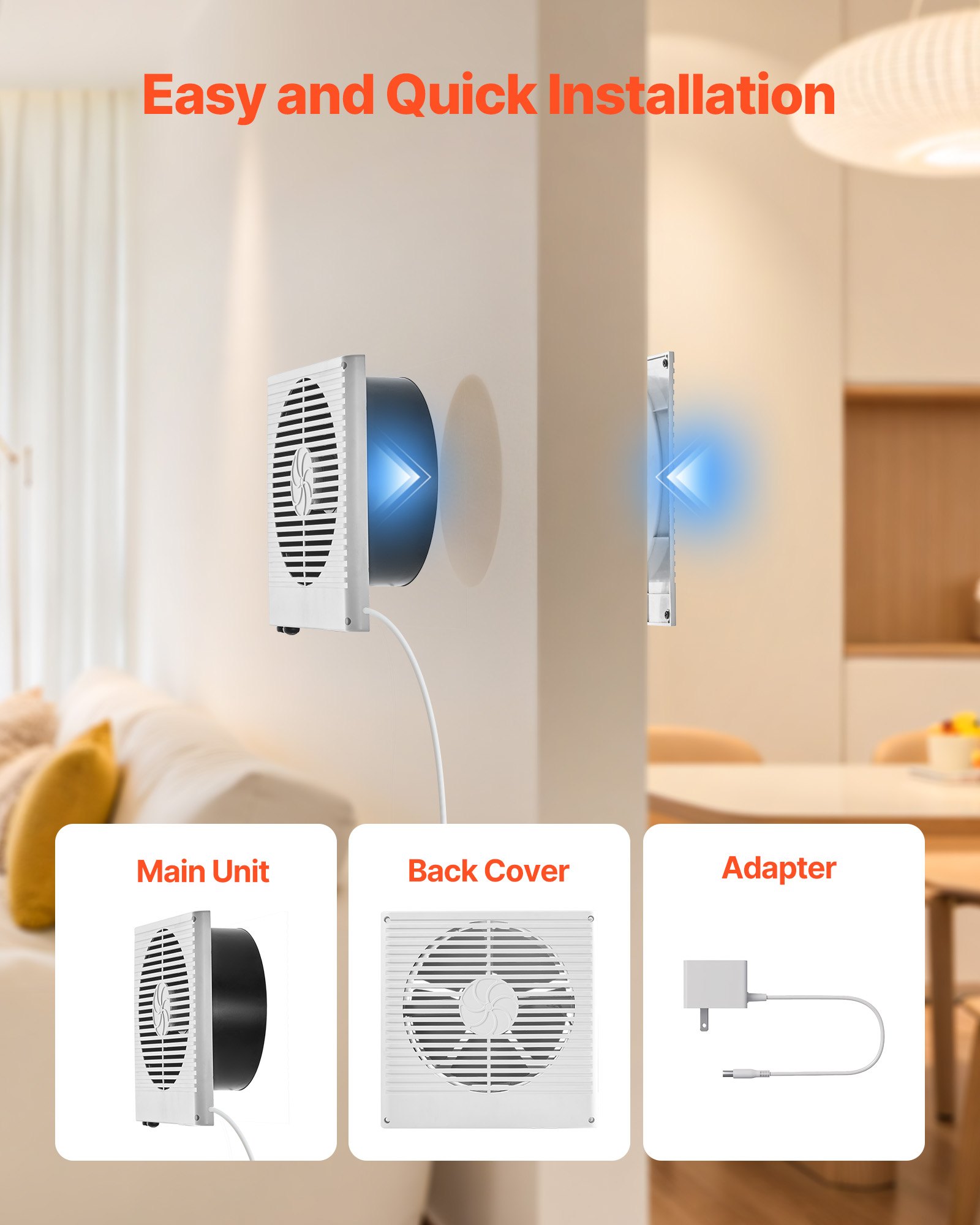 VEVOR 7.5-Inch Room to Room Fan, Through Wall Fan with AC Motor & Bi-directional Adjustable Wind, 180 CFM Ventilation Quiet Exhaust Vent for Kitchen, Living & Laundry Room, Workshop