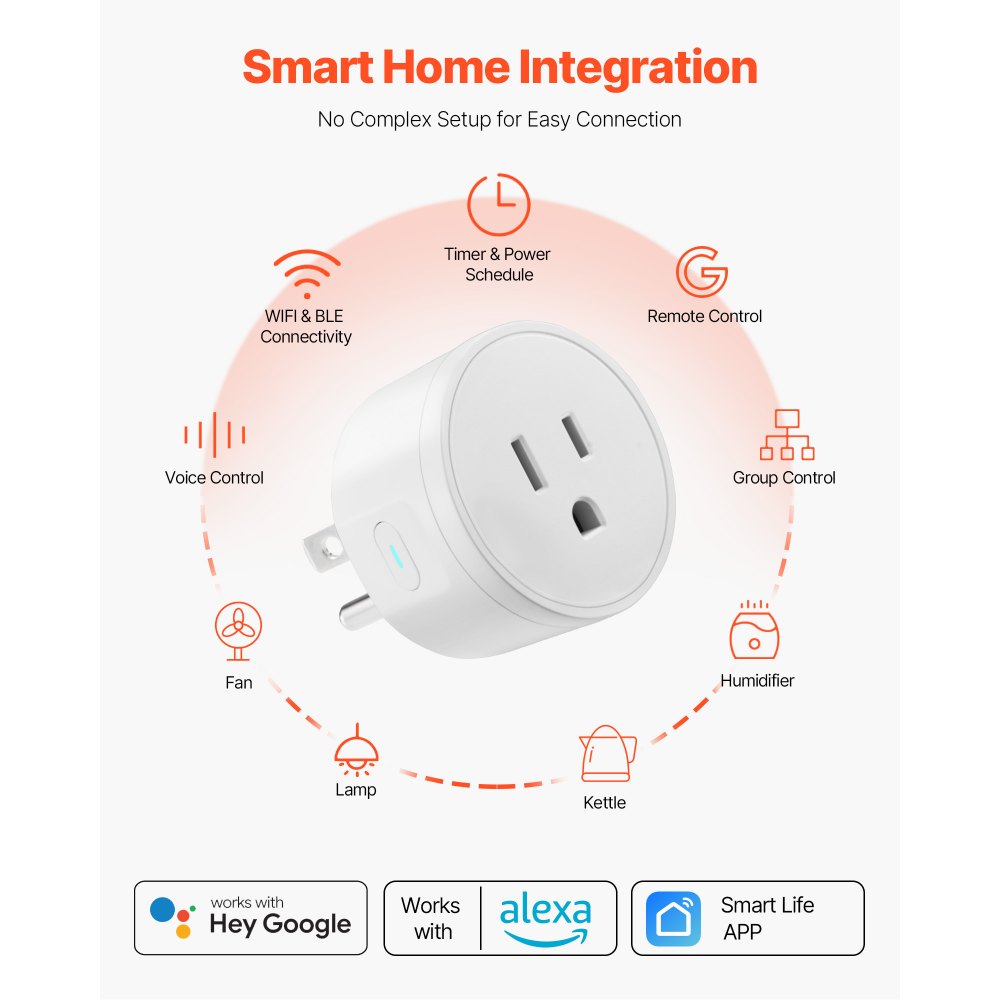 VEVOR Smart Plug, WiFi Smart Outlet Compatible with Alexa and Google Home, WiFi Plugs with Scheduling, App Control & Timer Function, 2.4GHz Wi-Fi Only, 15Amp, No Hub Required, White (4 Pack)