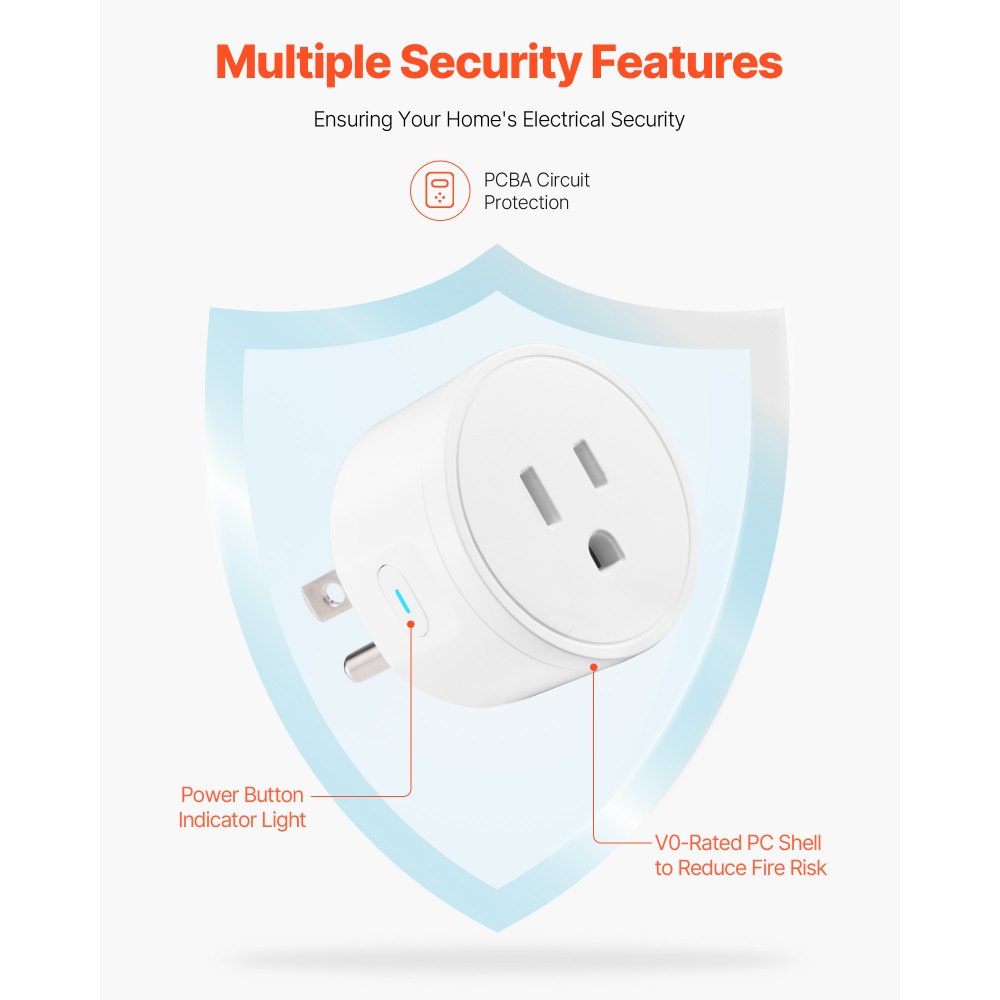 VEVOR Smart Plug, WiFi Smart Outlet Compatible with Alexa and Google Home, WiFi Plugs with Scheduling, App Control & Timer Function, 2.4GHz Wi-Fi Only, 15Amp, No Hub Required, White (4 Pack)