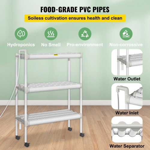 VEVOR Hydroponics Growing System, 108 Sites 3 Layers, 12 Food-Grade PVC-U Pipes, Vertical Indoor Plant Grow Kit with Water Pump, Timer, Nest Basket, Sponge for Fruits, Vegetables, Herb, White
