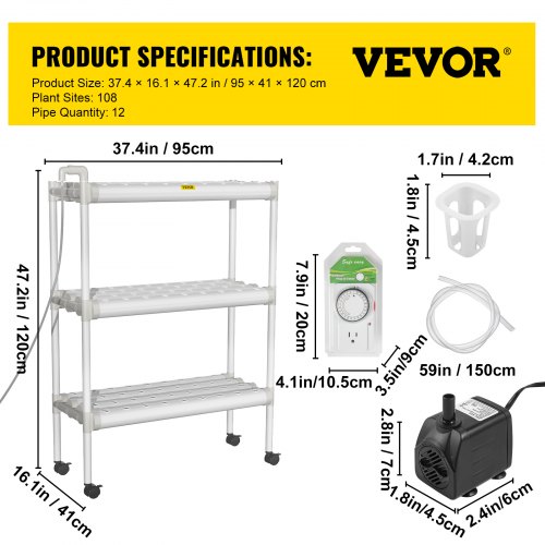 VEVOR Hydroponics Growing System, 108 Sites 3 Layers, 12 Food-Grade PVC-U Pipes, Vertical Indoor Plant Grow Kit with Water Pump, Timer, Nest Basket, Sponge for Fruits, Vegetables, Herb, White