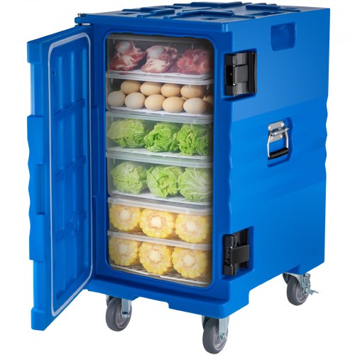 VEVOR Insulated Food Pan Carrier, 109 Qt Hot Box for Catering, LLDPE Food Box Carrier w/Double Buckles, Front Loading Food Warmer w/Handles, End Loader w/Wheels for Restaurant, Canteen, etc. Blue