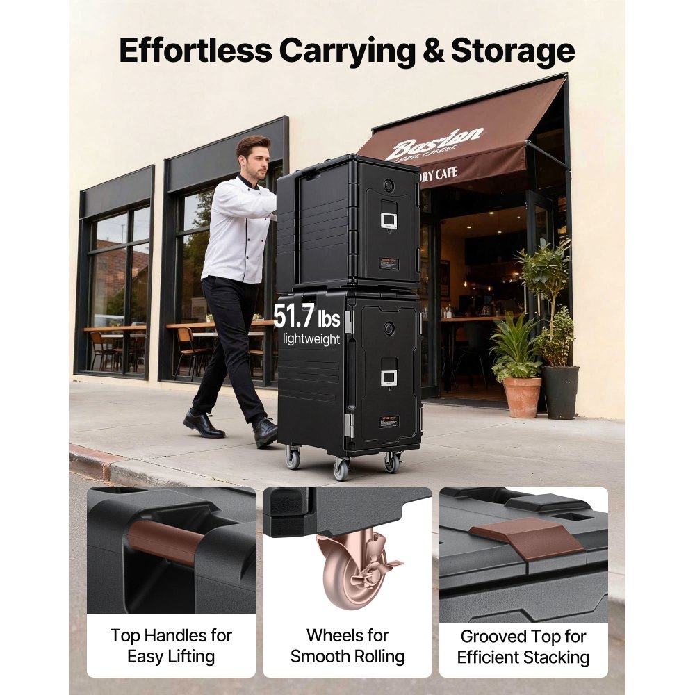 VEVOR Insulated Food Pan Carrier, 109 Qt Hot Box for Catering, LLDPE Food Box Carrier with Double Buckles, Front Loading Food Warmer with Handles, End Loader with Wheels for Restaurant, Canteen, etc.