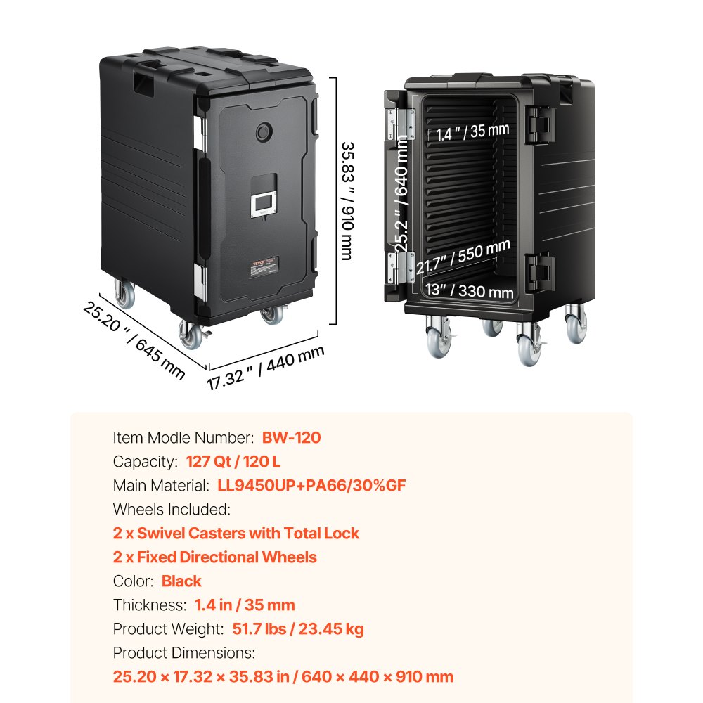 VEVOR Insulated Food Pan Carrier, 109 Qt Hot Box for Catering, LLDPE Food Box Carrier with Double Buckles, Front Loading Food Warmer with Handles, End Loader with Wheels for Restaurant, Canteen, etc.