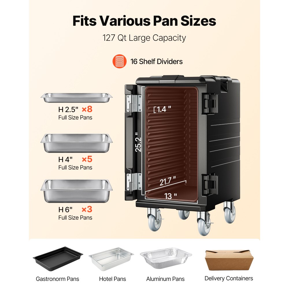 VEVOR Insulated Food Pan Carrier, 120 L Hot Box for Catering, LLDPE Food Box Carrier with Double Buckles, Front Loading Food Warmer with Handles, End Loader with Wheels for Restaurant, Canteen, etc.