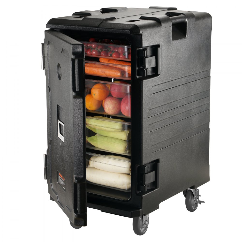 VEVOR Insulated Food Pan Carrier, 109 Qt Hot Box for Catering, LLDPE Food Box Carrier w/Double Buckles, Front Loading Food Warmer w/Handles, End Loader w/Wheels for Restaurant, Canteen, etc. Black
