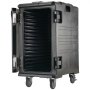 VEVOR insulated food pan carrier with open door, interior shelves, and caster wheels.