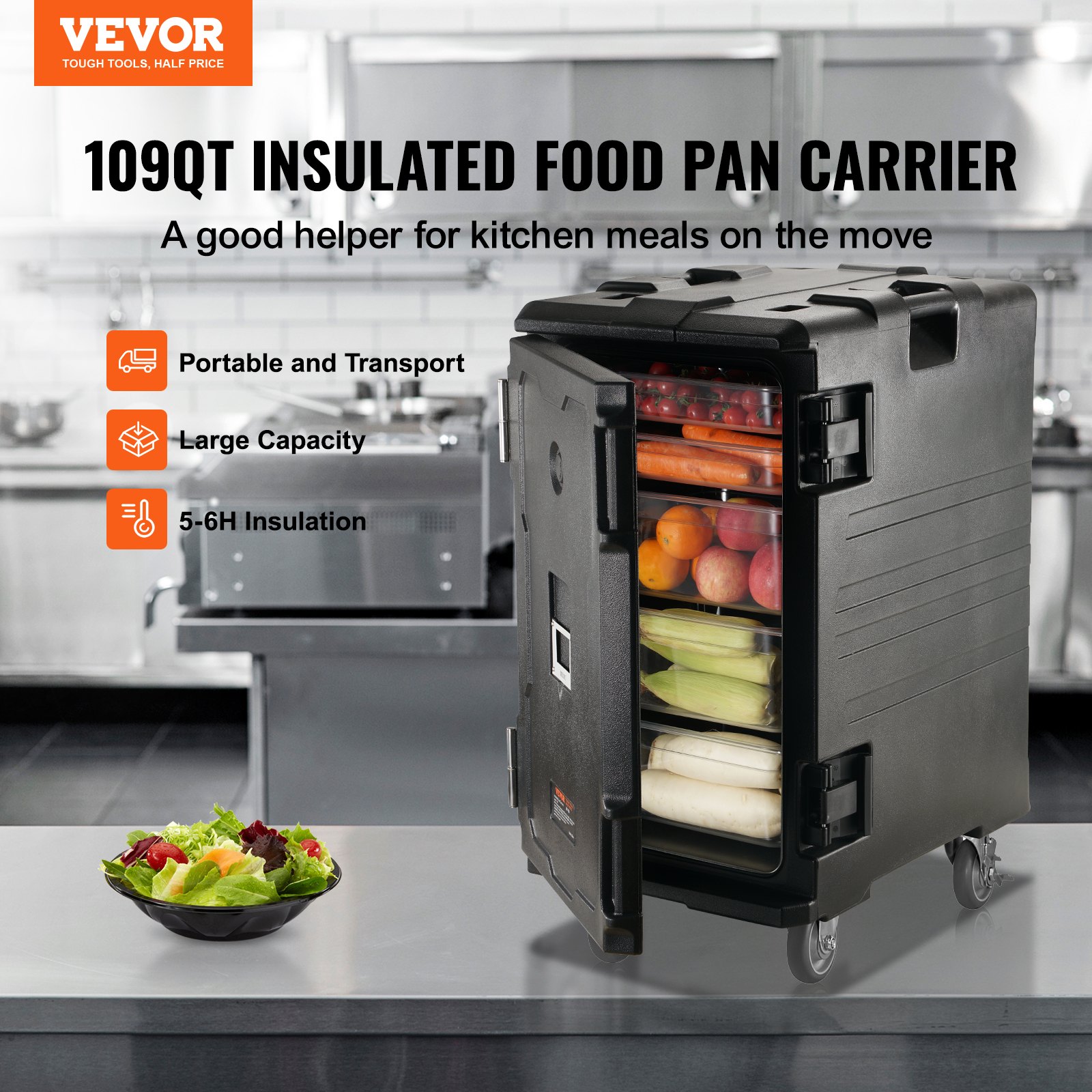 VEVOR insulated food pan carrier in a kitchen with large capacity and portability icons.
