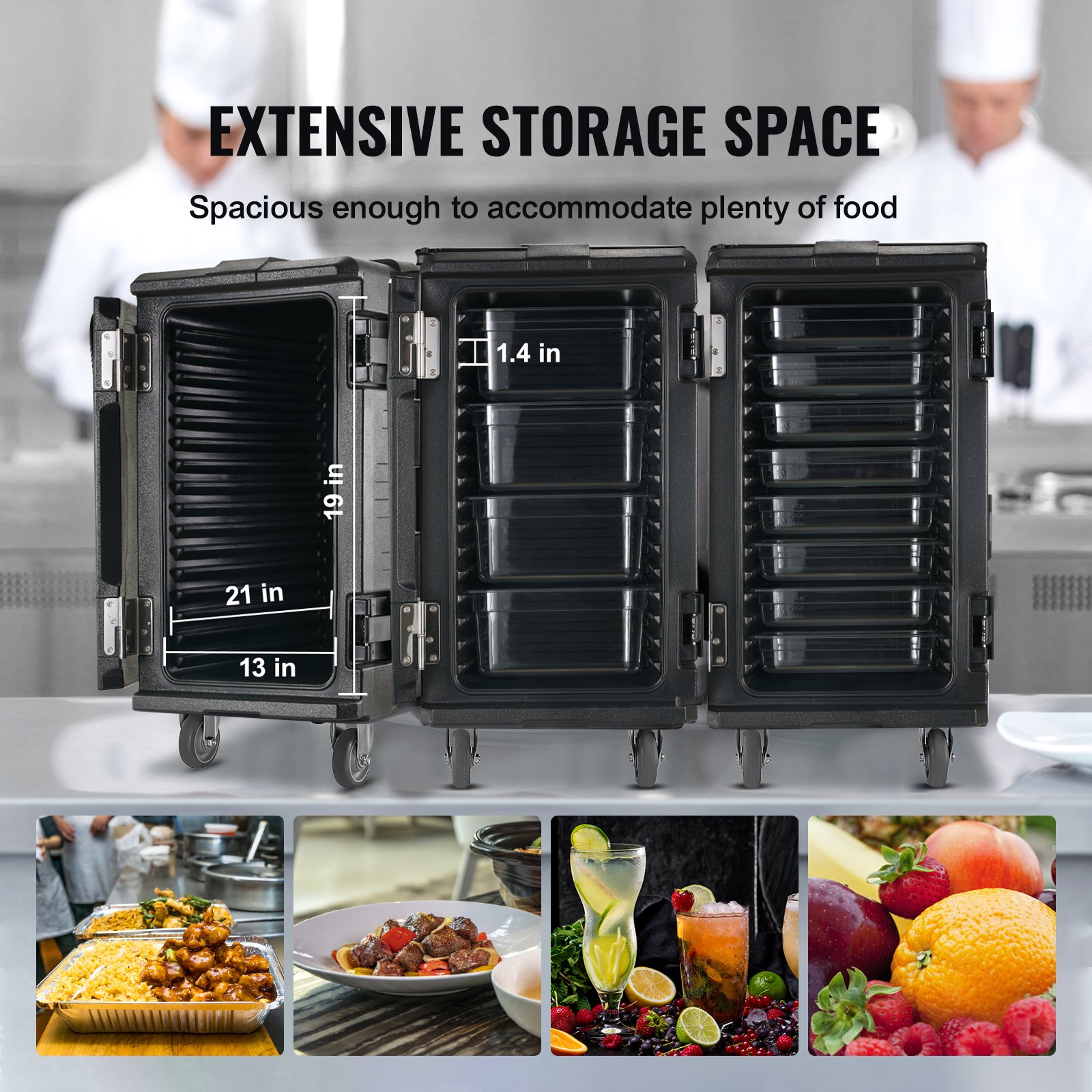 VEVOR insulated food pan carrier with extensive storage space and multiple compartments.