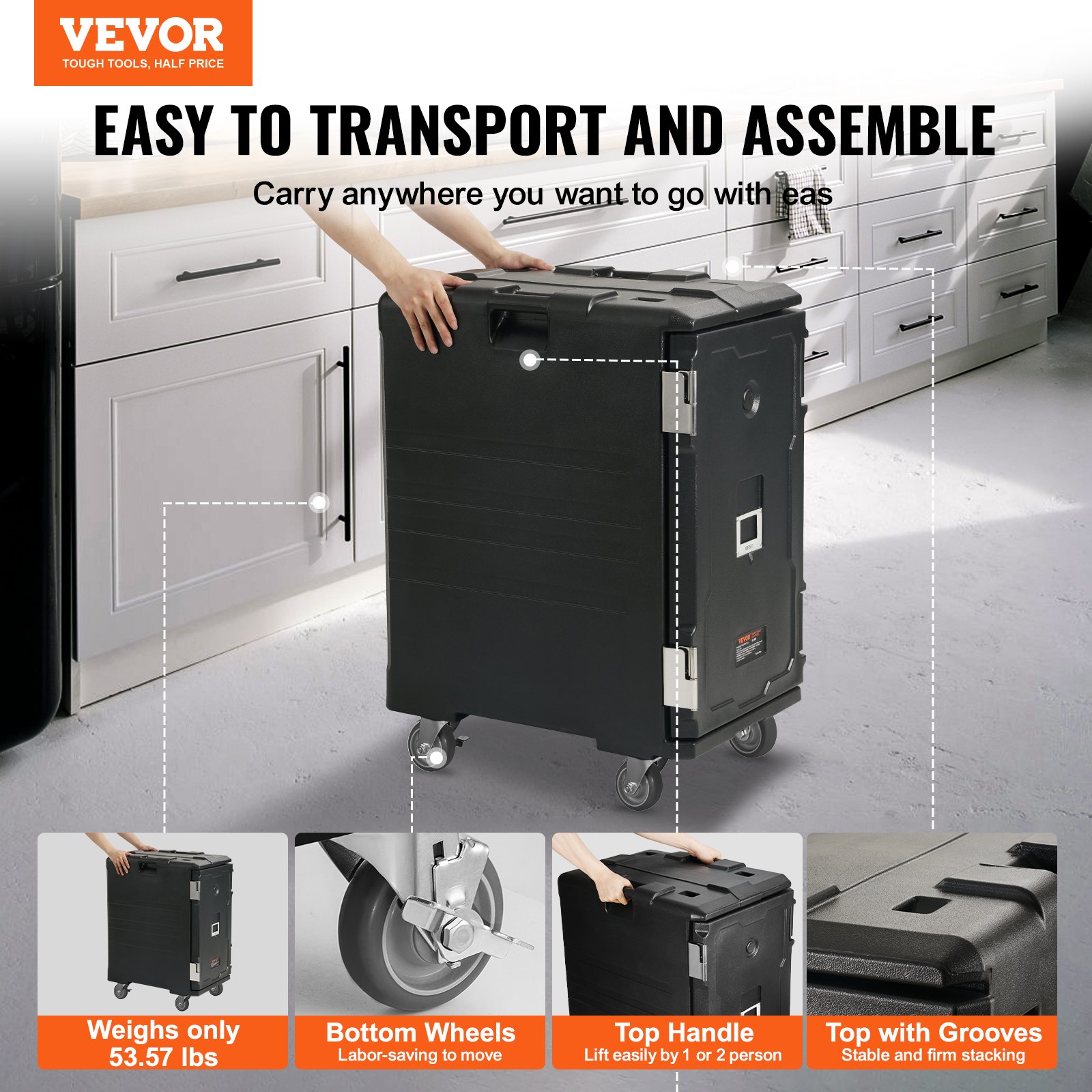VEVOR insulated food pan carrier shown with easy transport features and handle.
