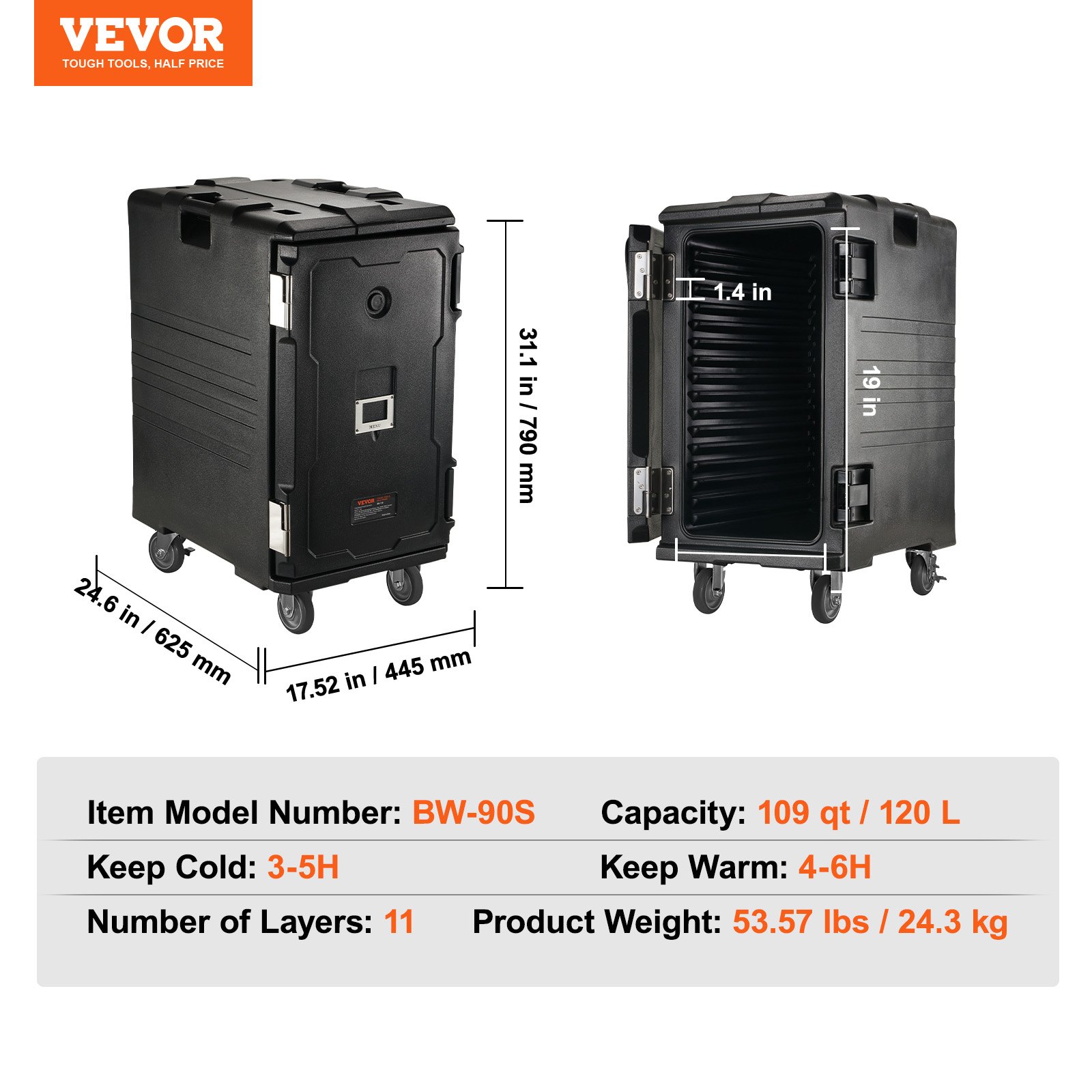 VEVOR insulated food pan carrier with wheels, dimensions, and product specifications.