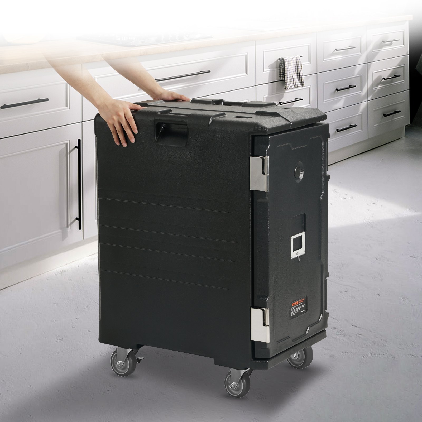 VEVOR insulated food pan carrier with wheels in a modern kitchen.