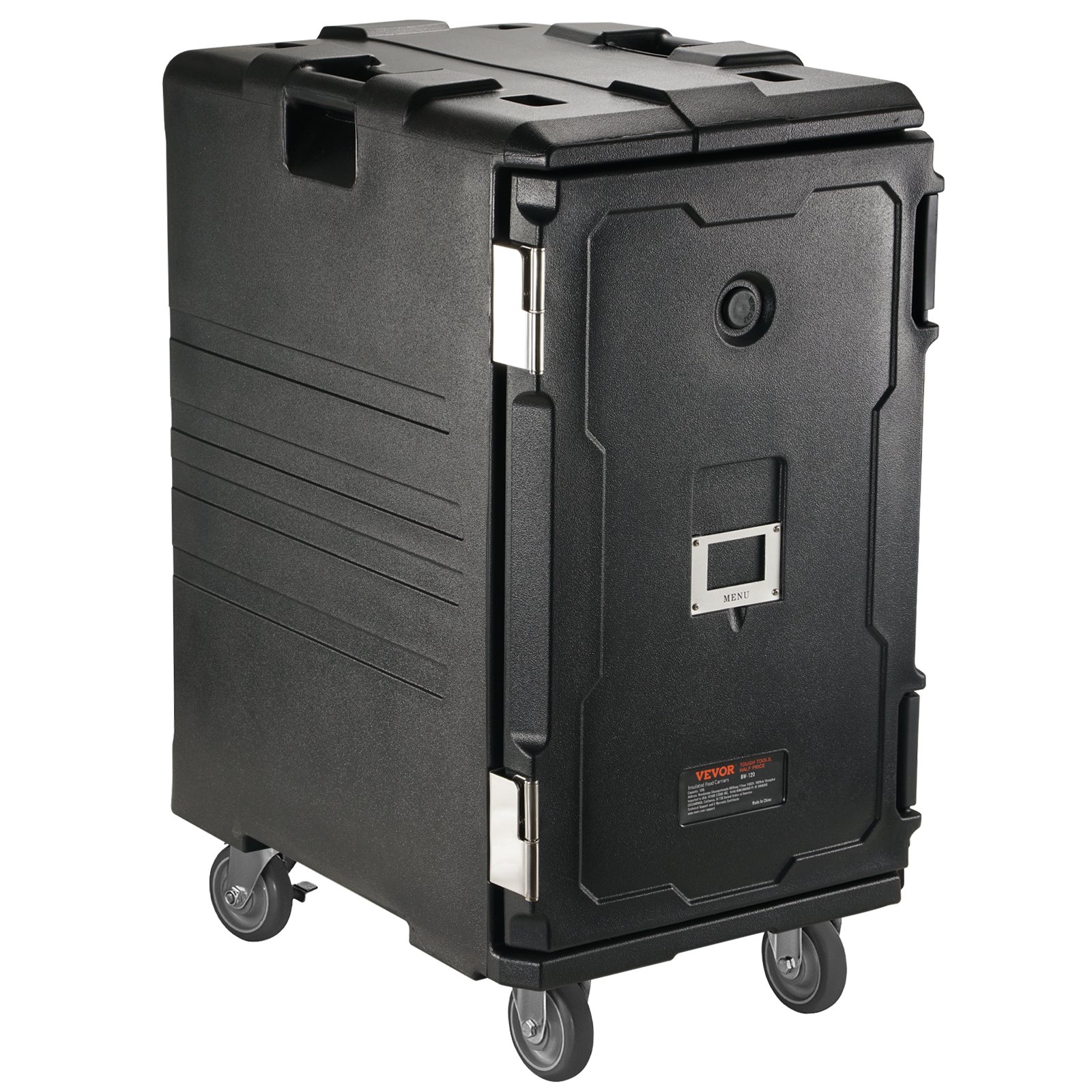VEVOR insulated food pan carrier with sturdy design and wheels for easy transport.
