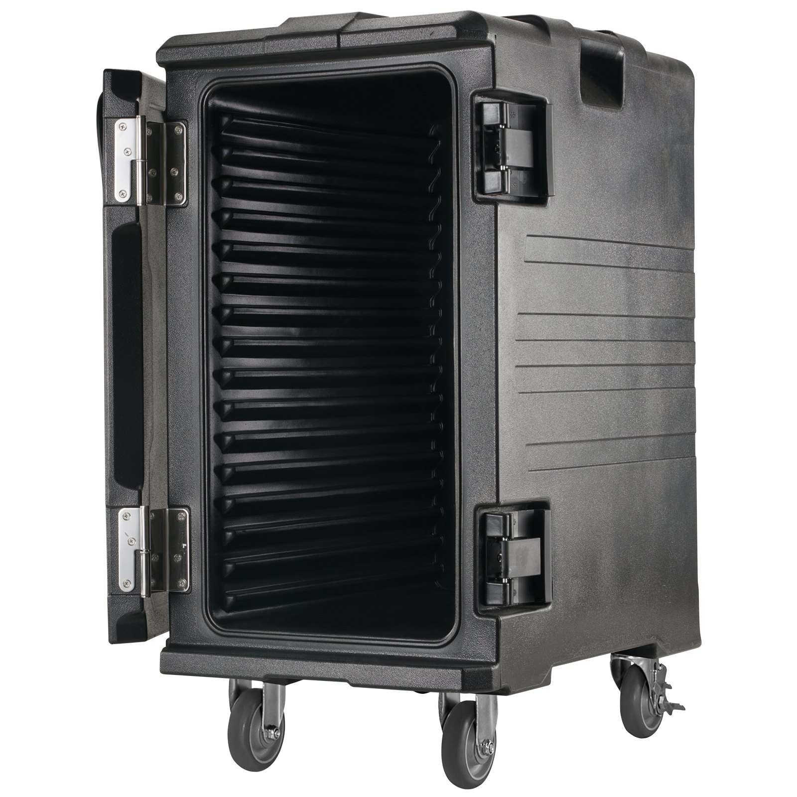 VEVOR insulated food pan carrier with open door, interior shelves, and caster wheels.