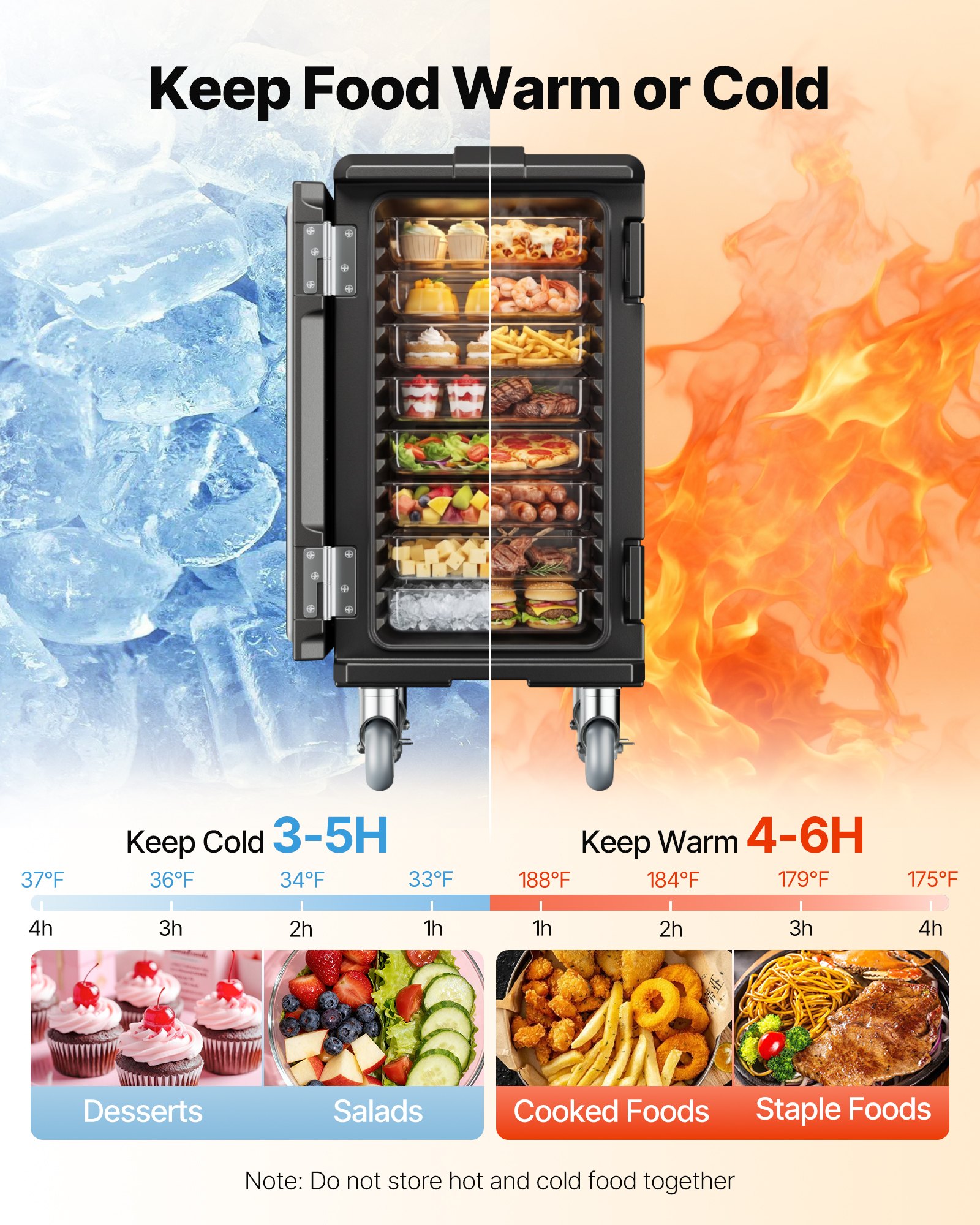 VEVOR Insulated Food Pan Carrier, 120 L Hot Box for Catering, LLDPE Food Box Carrier with Double Buckles, Front Loading Food Warmer with Handles, End Loader with Wheels for Restaurant, Canteen, etc.
