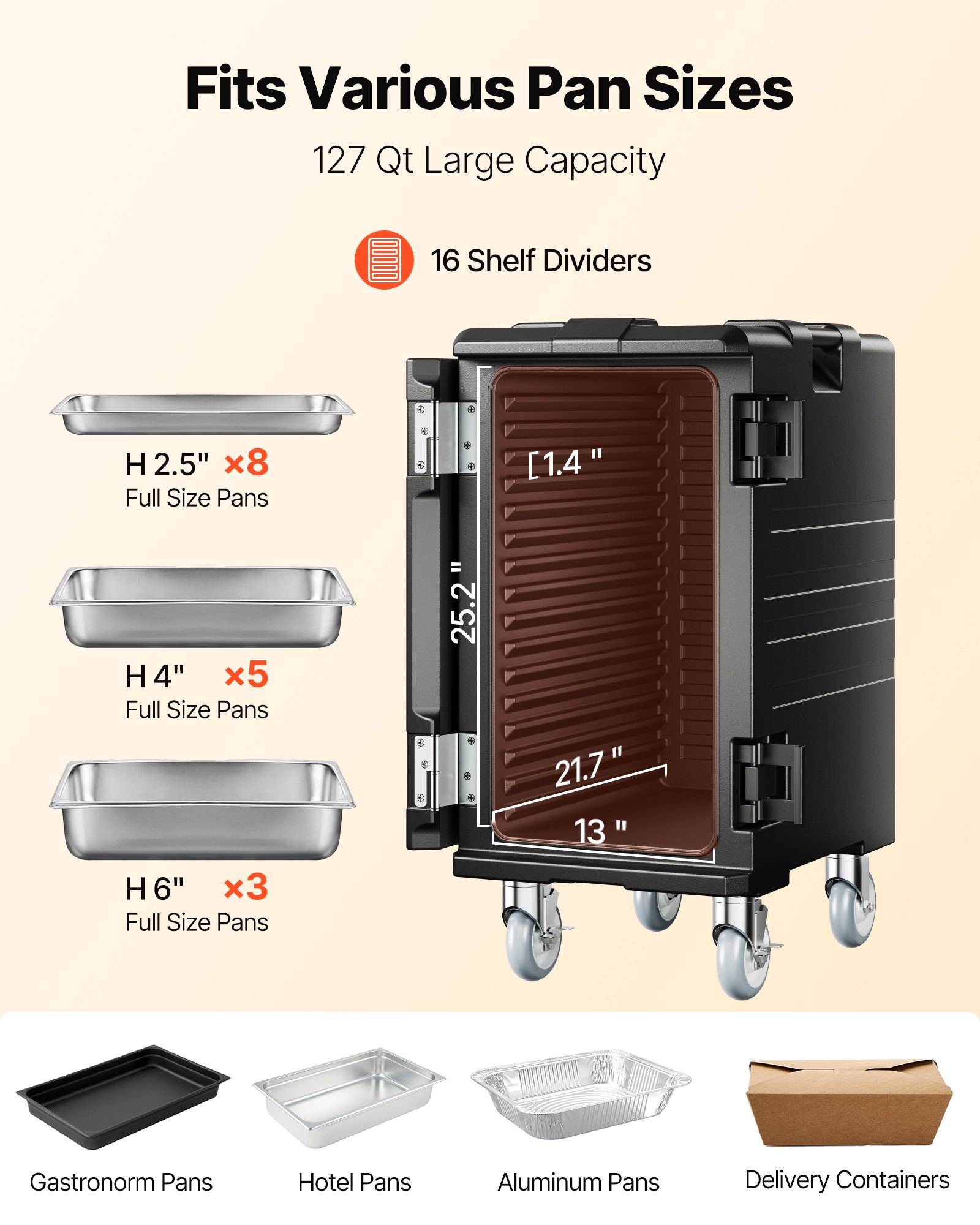 VEVOR Insulated Food Pan Carrier, 120 L Hot Box for Catering, LLDPE Food Box Carrier with Double Buckles, Front Loading Food Warmer with Handles, End Loader with Wheels for Restaurant, Canteen, etc.