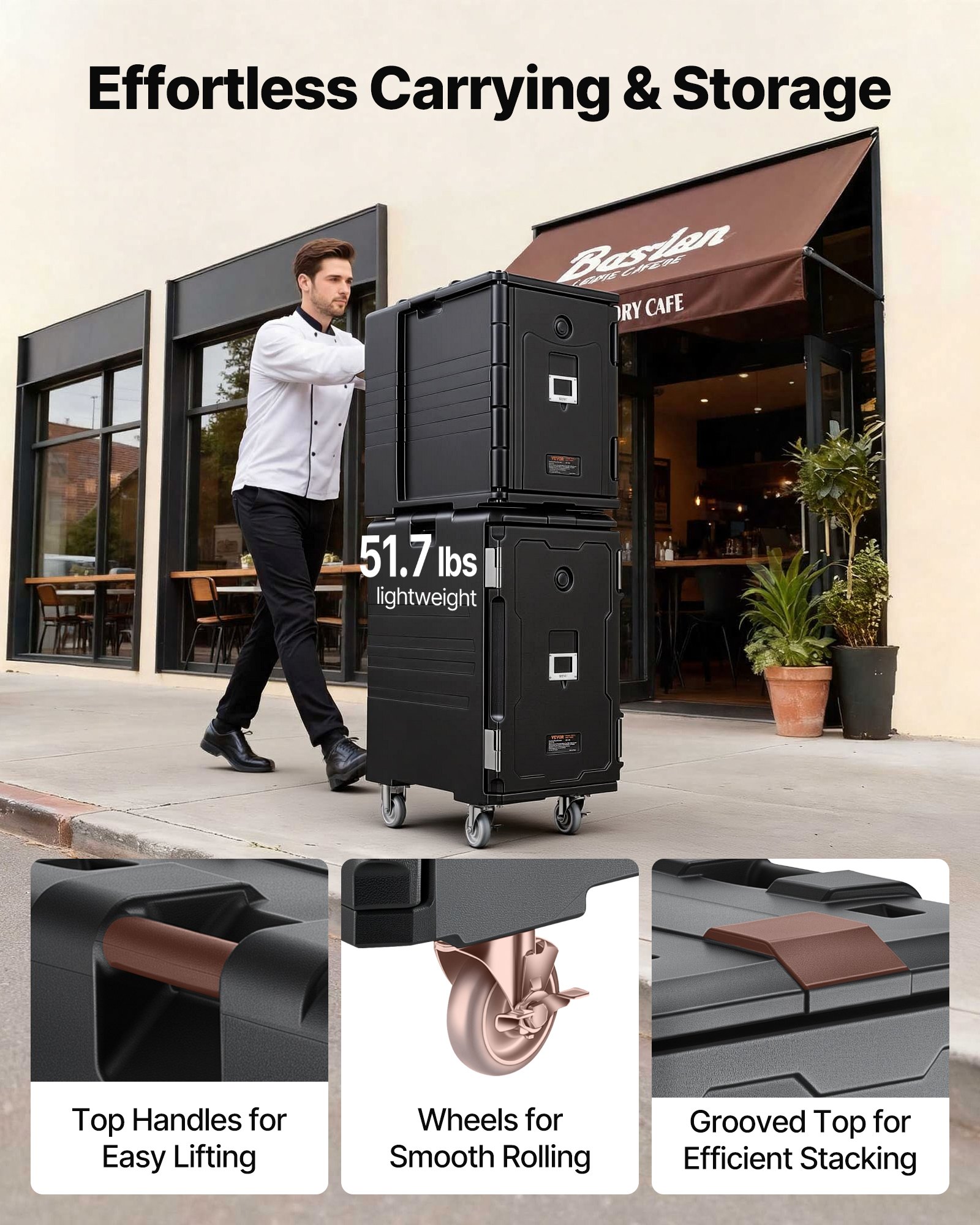 VEVOR Insulated Food Pan Carrier, 120 L Hot Box for Catering, LLDPE Food Box Carrier with Double Buckles, Front Loading Food Warmer with Handles, End Loader with Wheels for Restaurant, Canteen, etc.