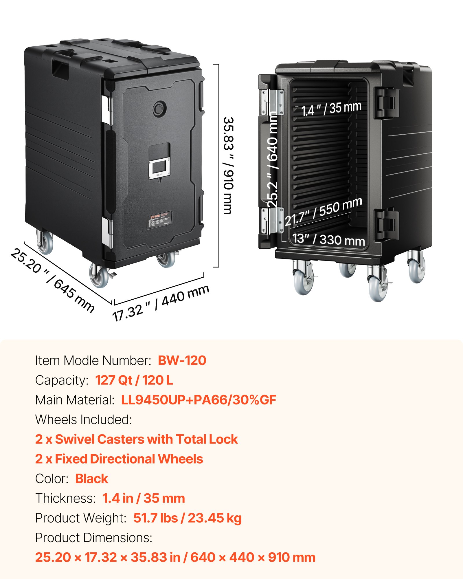 VEVOR Insulated Food Pan Carrier, 120 L Hot Box for Catering, LLDPE Food Box Carrier with Double Buckles, Front Loading Food Warmer with Handles, End Loader with Wheels for Restaurant, Canteen, etc.