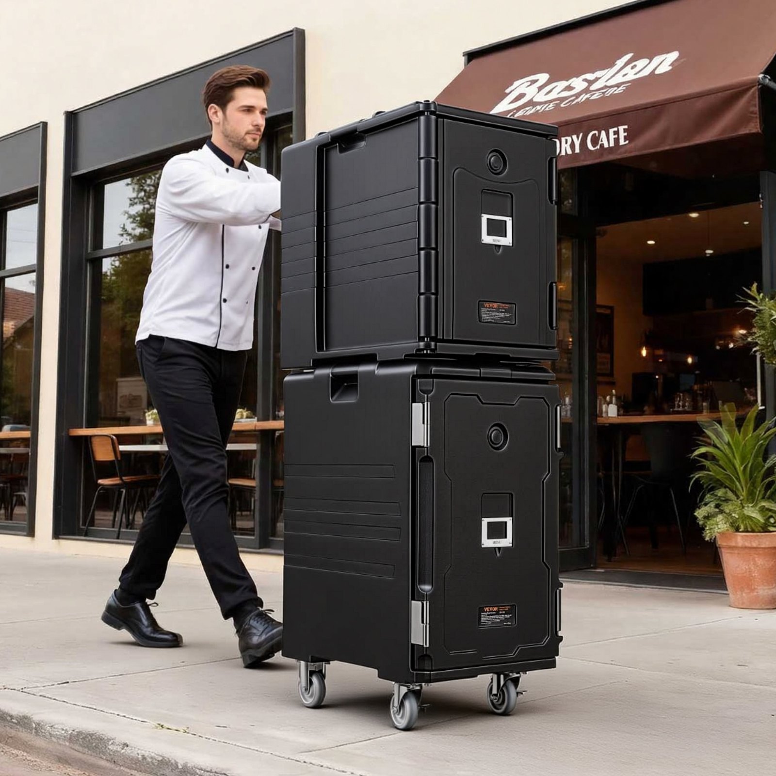 VEVOR Insulated Food Pan Carrier, 120 L Hot Box for Catering, LLDPE Food Box Carrier with Double Buckles, Front Loading Food Warmer with Handles, End Loader with Wheels for Restaurant, Canteen, etc.