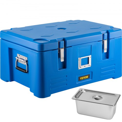 VEVOR Insulated Food Pan Carrier, 36Qt Capacity, Stackable Catering Hot Box w/ 3 Stainless Steel Pans, Top Load LLDPE Food Warmer w/Elastic Side Handles and Buckles, for Restaurant Canteen, Blue