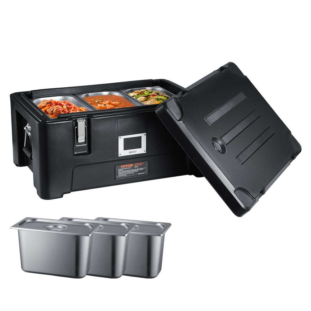 VEVOR-isoleret madkasseholder, 36 Qt kapacitet, stabelbar catering-hotbox med 3 gryder i rustfrit stål, topbelastning LLDPE madvarmer med elastiske sidehåndtag og spænder, til restaurantkantine, sort