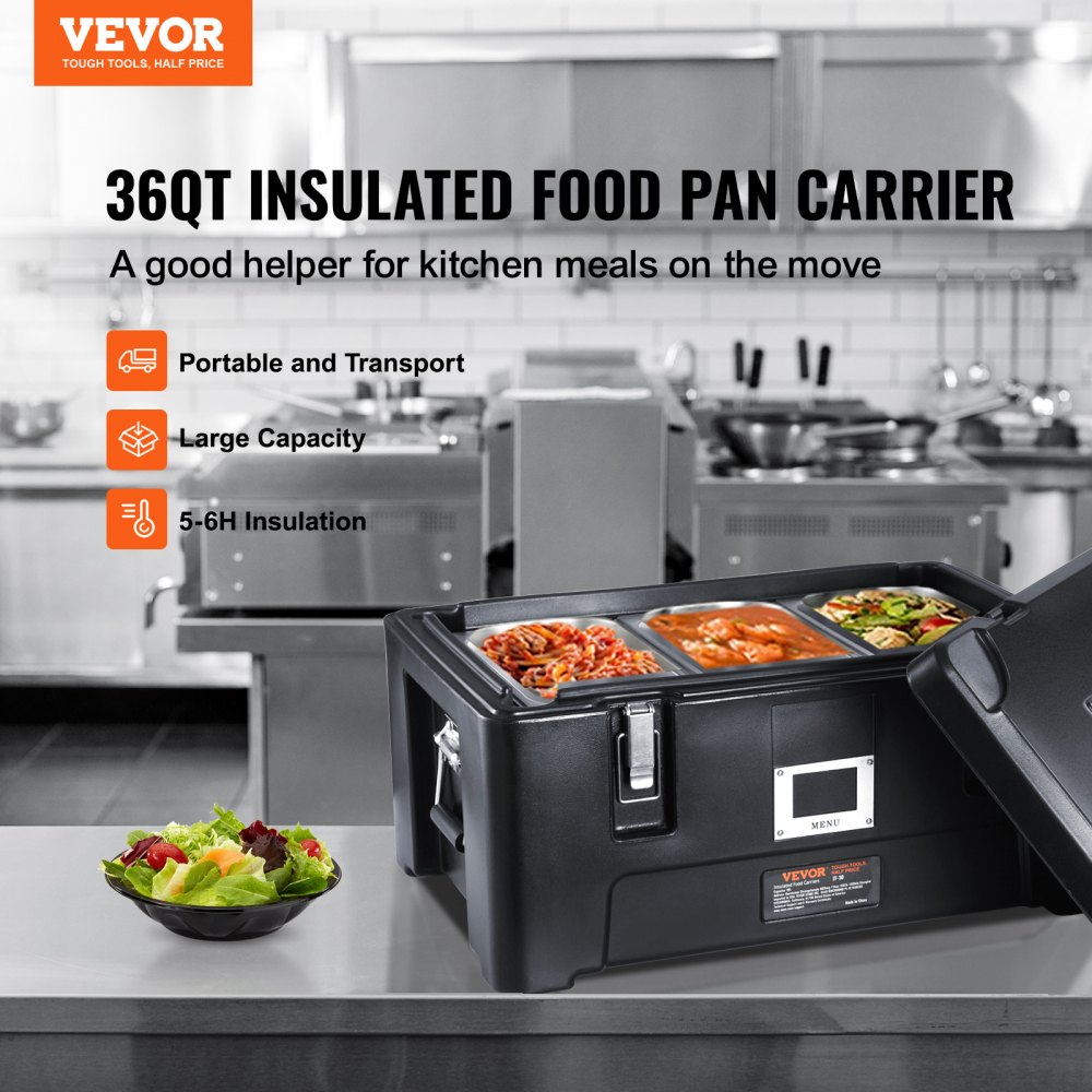 VEVOR Insulated Food Pan Carrier, 36Qt Capacity, Stackable Catering Hot Box with 3 Stainless Steel Pans, Top Load LLDPE Food Warmer with Elastic Side Handles and Buckles, for Restaurant Canteen, Black