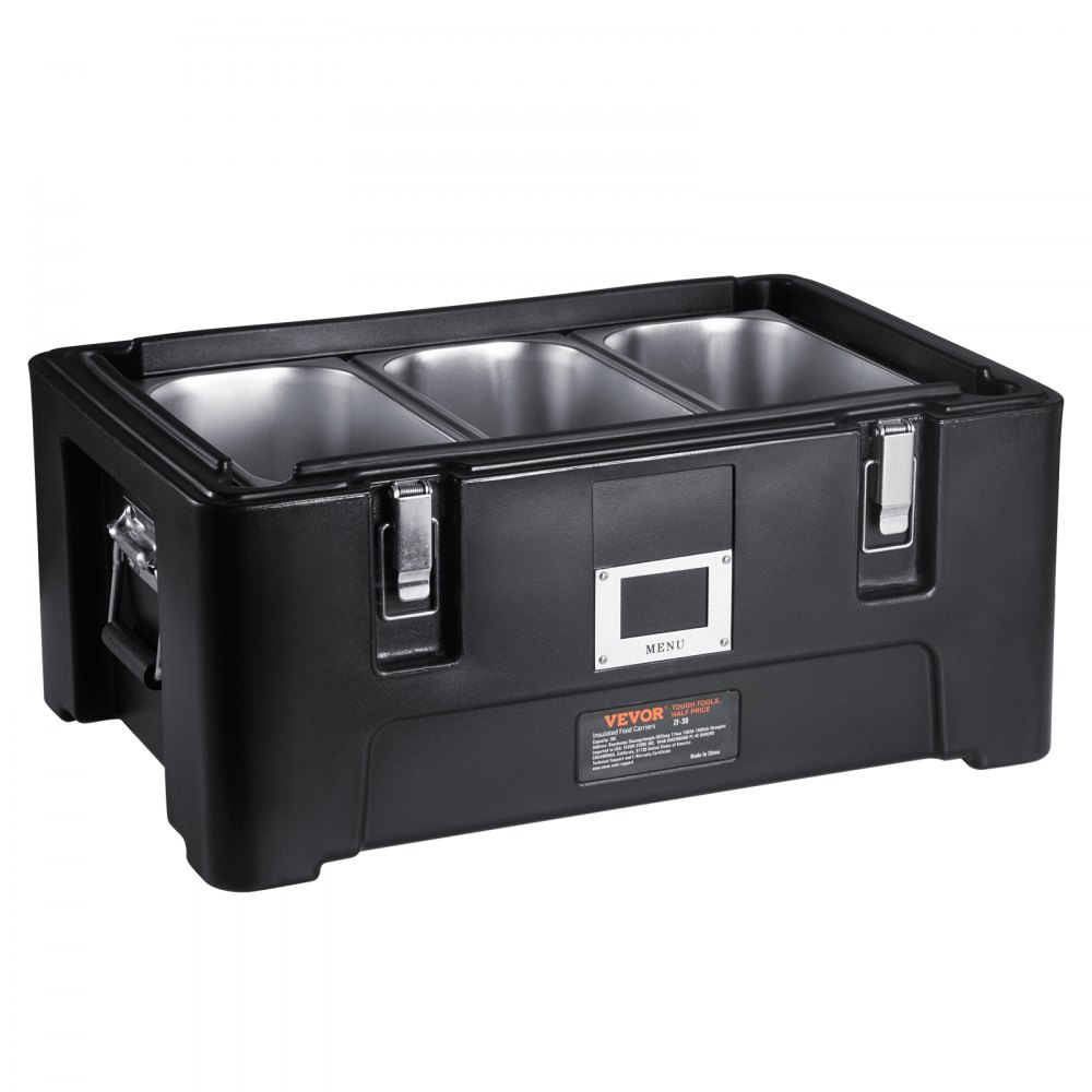 VEVOR Insulated Food Pan Carrier, 36Qt Capacity, Stackable Catering Hot Box with 3 Stainless Steel Pans, Top Load LLDPE Food Warmer with Elastic Side Handles and Buckles, for Restaurant Canteen, Black