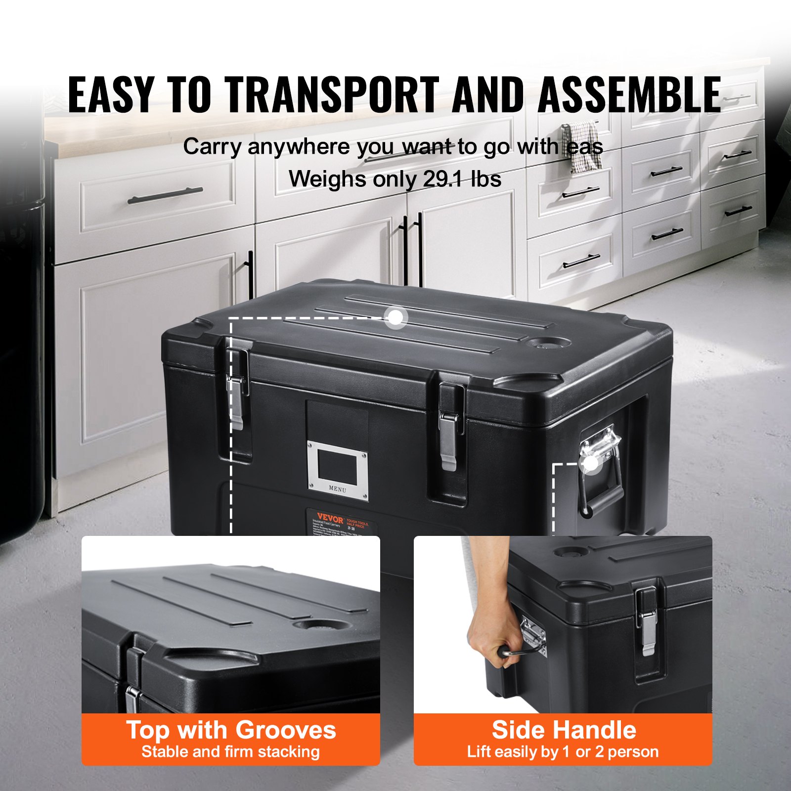 VEVOR Insulated Food Pan Carrier, 36Qt Capacity, Stackable Catering Hot Box with 3 Stainless Steel Pans, Top Load LLDPE Food Warmer with Elastic Side Handles and Buckles, for Restaurant Canteen, Black