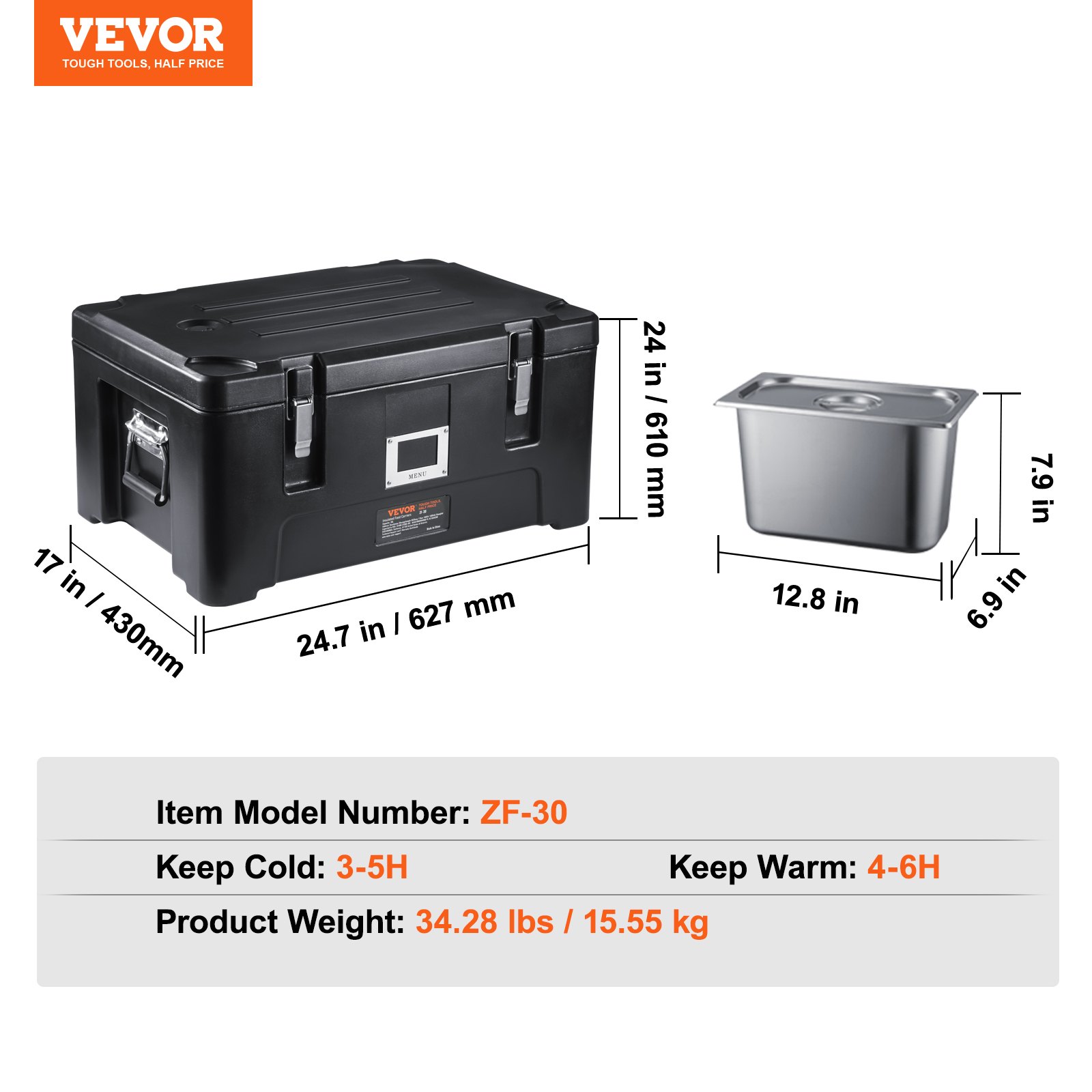 VEVOR Insulated Food Pan Carrier, 36Qt Capacity, Stackable Catering Hot Box with 3 Stainless Steel Pans, Top Load LLDPE Food Warmer with Elastic Side Handles and Buckles, for Restaurant Canteen, Black