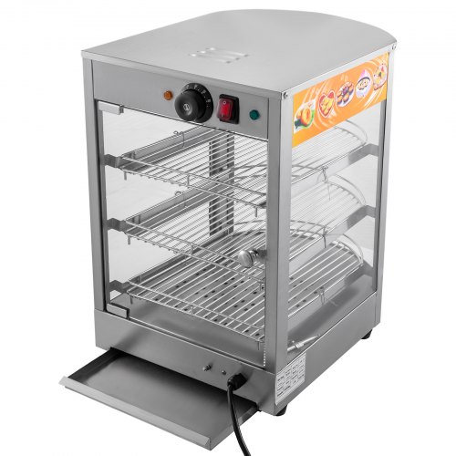 VEVOR 110V 14-Inch Commercial Food Warmer Display 3-Tier 800W Electric Food Warmer Display 86-185℉ Tempered-Glass Door Pastry Display Case with 2 Trays & 1 Bread Tong for Restaurant Hamburger Pizza