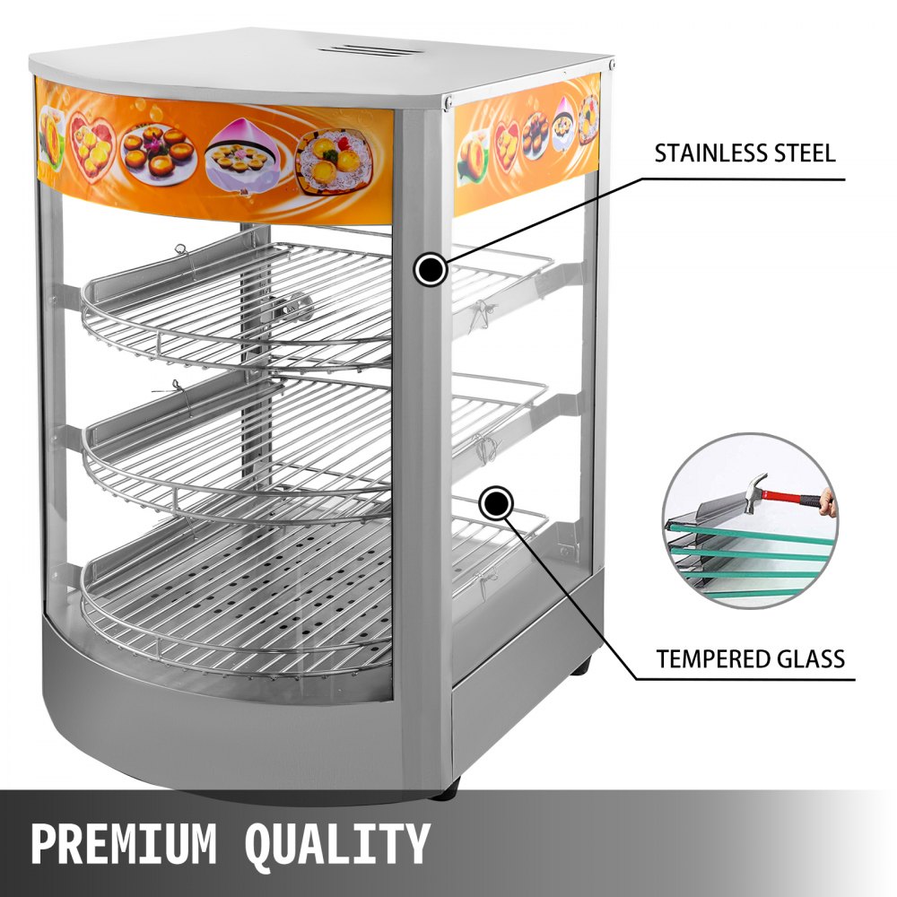 VEVOR Commercial Food Warmer 14-Inch Pizza Warmer 3 Tiers Pastry Warmer Magnetic Tempered-Glass Door Pizza Warmer Display Case LED Warm Light Food Display Warmer