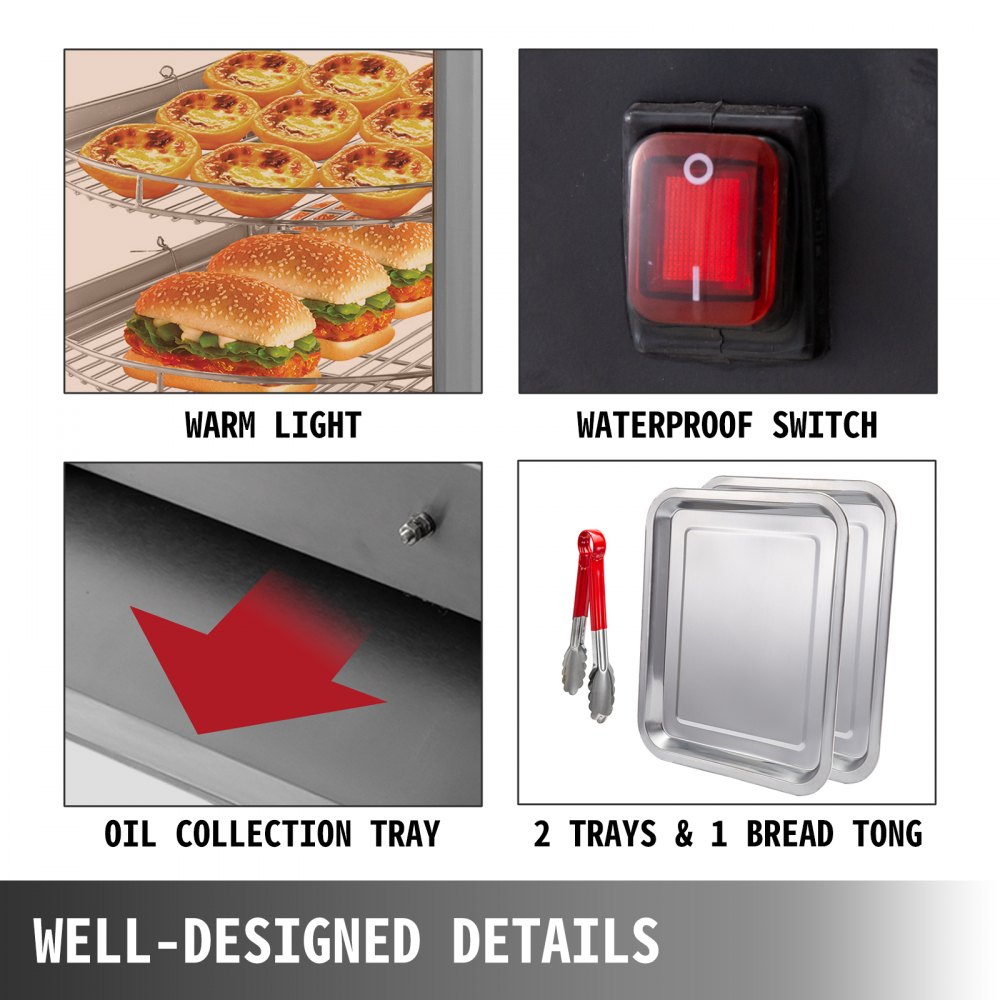 VEVOR Commercial Food Warmer 14-Inch Pizza Warmer 3 Tiers Pastry Warmer Magnetic Tempered-Glass Door Pizza Warmer Display Case LED Warm Light Food Display Warmer
