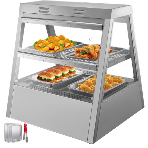 VEVOR Commercial Food Warmer 27-Inch Pizza Warmer 2 Tiers Pastry Warmer with Tilt-Up Doors Pizza Warmer Display Case LED Warm Light Food Display Warmer