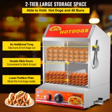 VEVOR Hot Dog Steamer, 27L/24.52Qt, 2-Tier Hut Steamer for 175 Hot Dogs & 40 Buns, Electric Bun Warmer Cooker with Tempered Glass Slide Doors Partition Plate Food Clip PTFE Tape, Stainless Steel