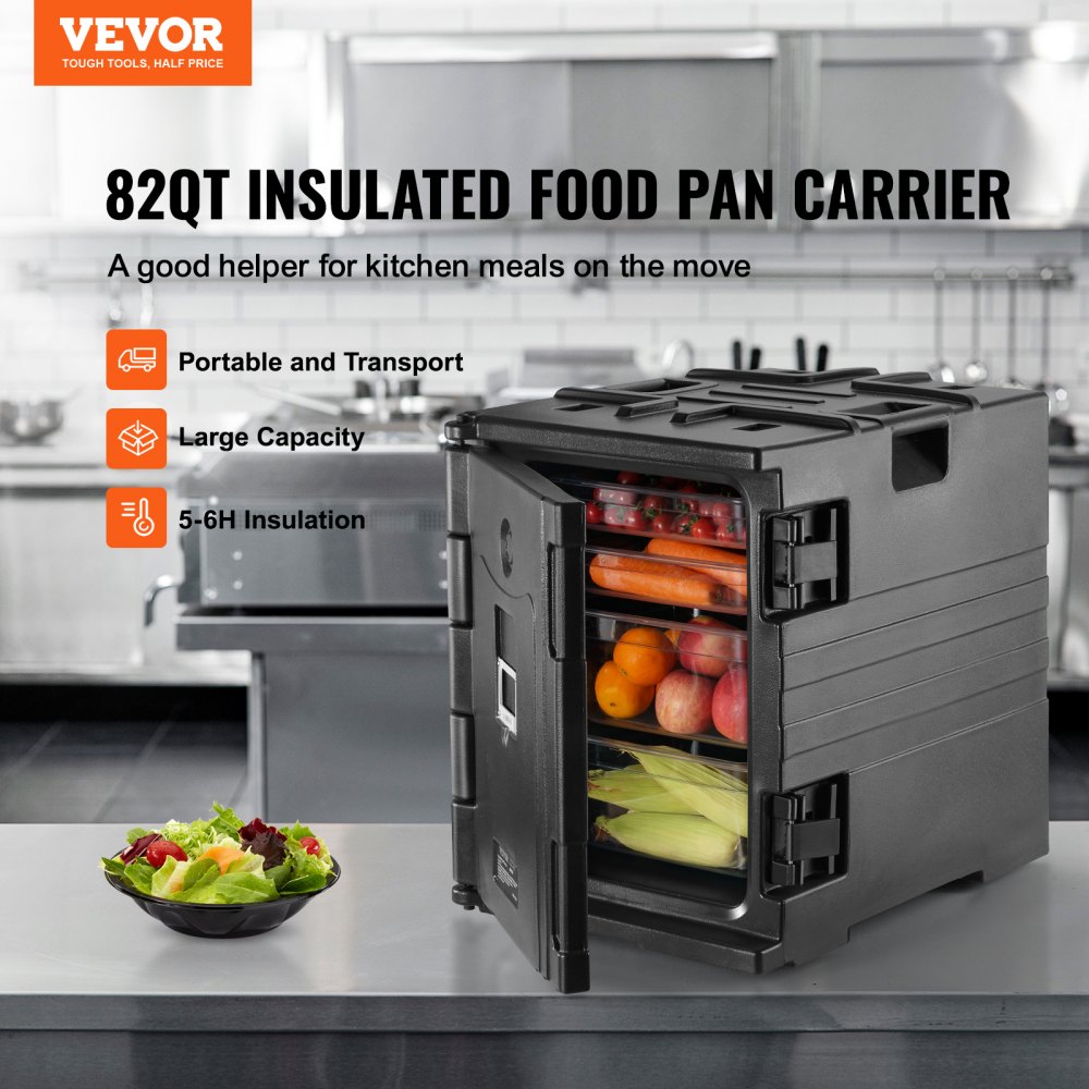 VEVOR insulated food pan carrier in a stainless steel kitchen with food items inside.