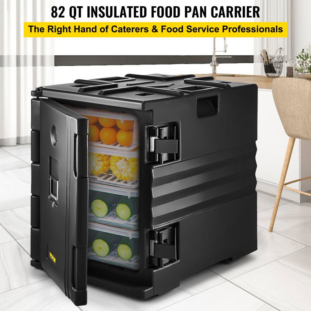 VEVOR Insulated Food Pan Carrier, 90 L Hot Box for Catering, LLDPE Food Box Carrier w/ Double Buckles, Front Loading Food Warmer w/ Handles, Stackable End Loader for Restaurant, Canteen, etc. Black