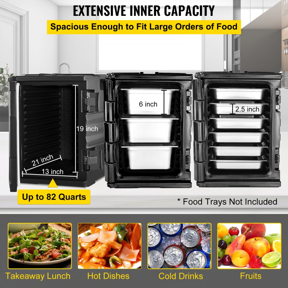 VEVOR Insulated Food Pan Carrier, 90 L Hot Box for Catering, LLDPE Food Box Carrier w/ Double Buckles, Front Loading Food Warmer w/ Handles, Stackable End Loader for Restaurant, Canteen, etc. Black