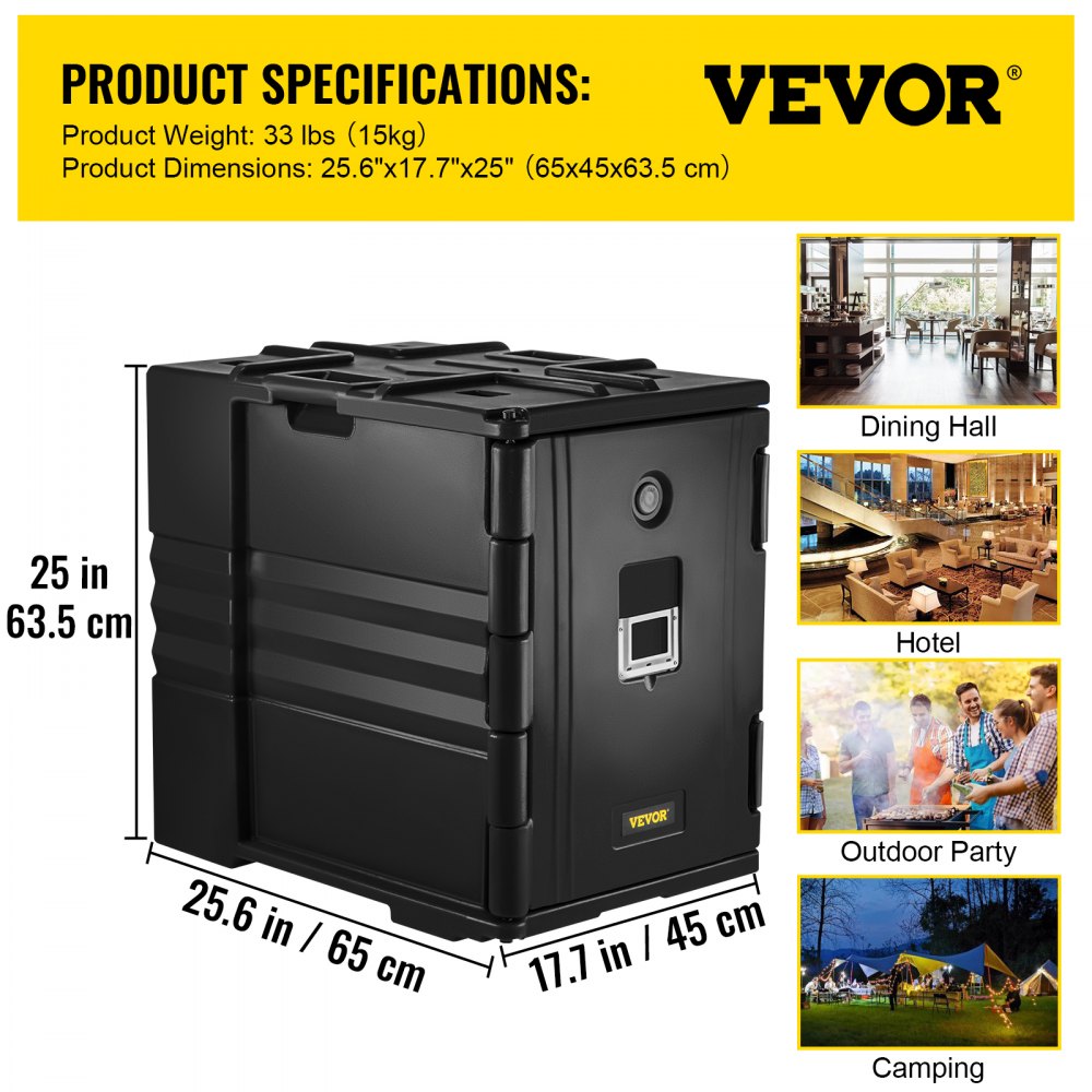 VEVOR Insulated Food Pan Carrier, 90 L Hot Box for Catering, LLDPE Food Box Carrier w/ Double Buckles, Front Loading Food Warmer w/ Handles, Stackable End Loader for Restaurant, Canteen, etc. Black