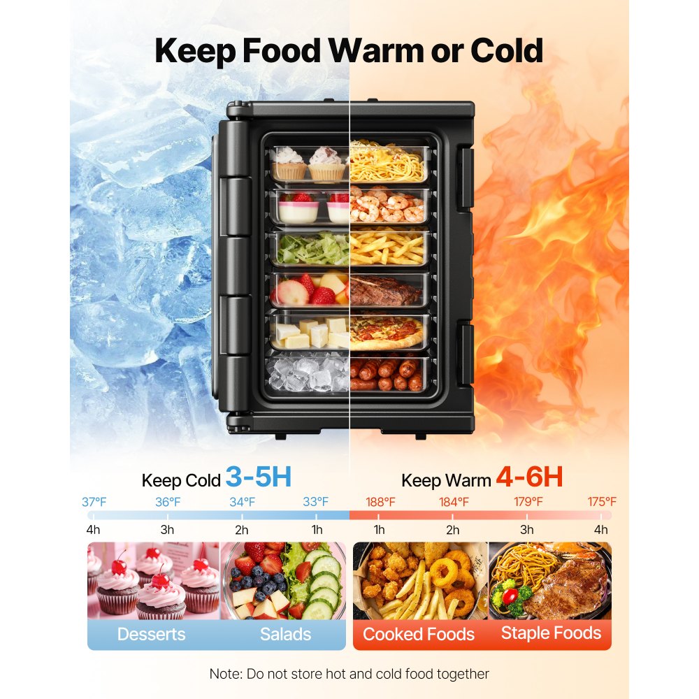 VEVOR Insulated Food Pan Carrier, 82 Qt Hot Box for Catering, LLDPE Food Box Carrier with Double Buckles, Front Loading Food Warmer with Handles, Stackable End Loader for Restaurant, Canteen, etc. Bla