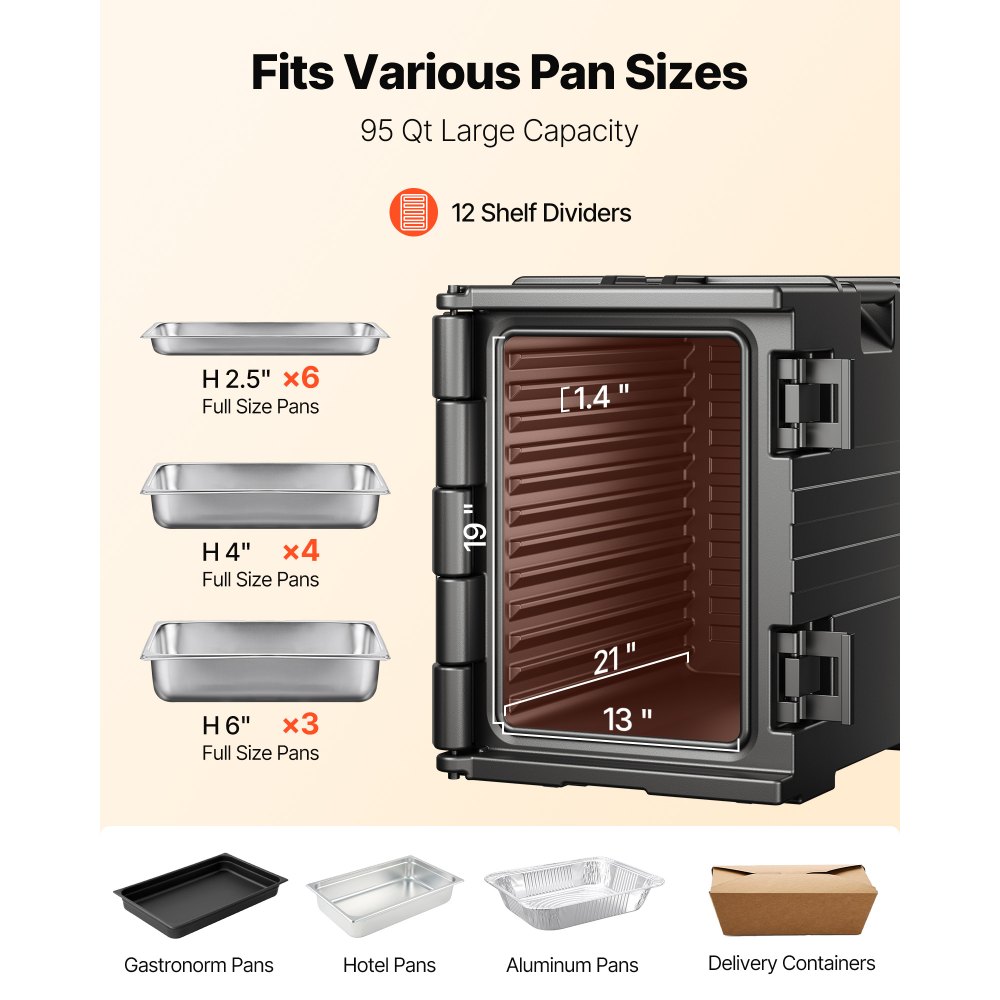 VEVOR Insulated Food Pan Carrier, 82 Qt Hot Box for Catering, LLDPE Food Box Carrier with Double Buckles, Front Loading Food Warmer with Handles, Stackable End Loader for Restaurant, Canteen, etc. Bla