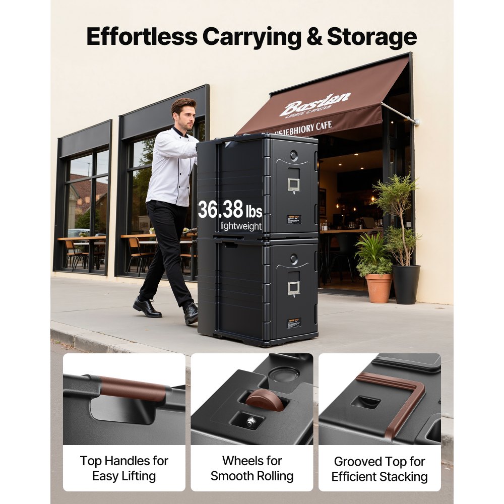 VEVOR Insulated Food Pan Carrier, 82 Qt Hot Box for Catering, LLDPE Food Box Carrier with Double Buckles, Front Loading Food Warmer with Handles, Stackable End Loader for Restaurant, Canteen, etc. Bla