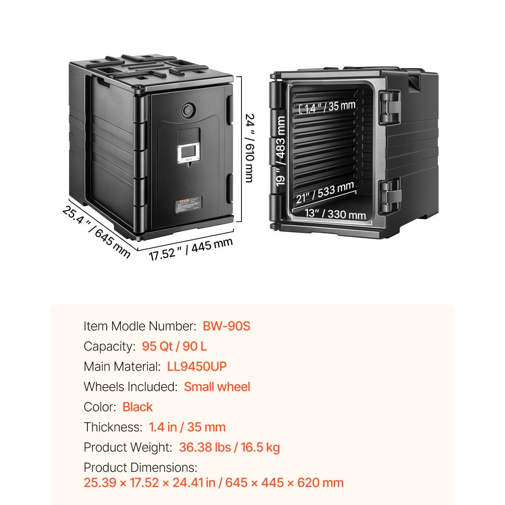VEVOR Insulated Food Pan Carrier, 82 Qt Hot Box for Catering, LLDPE Food Box Carrier with Double Buckles, Front Loading Food Warmer with Handles, Stackable End Loader for Restaurant, Canteen, etc. Bla